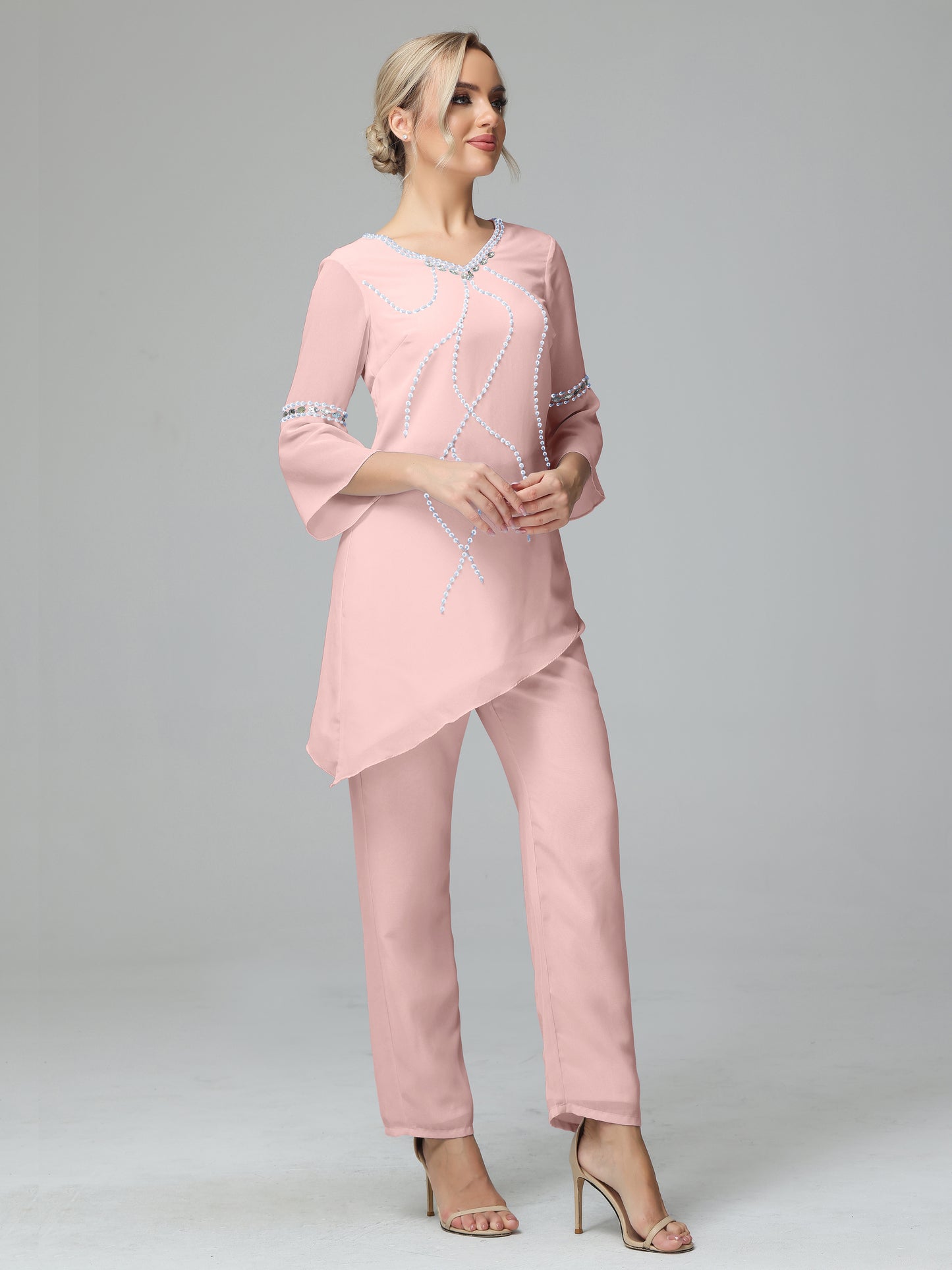 Chiffon Long Sleeves V Neck Mother Of The Bride Dress Pants Suits