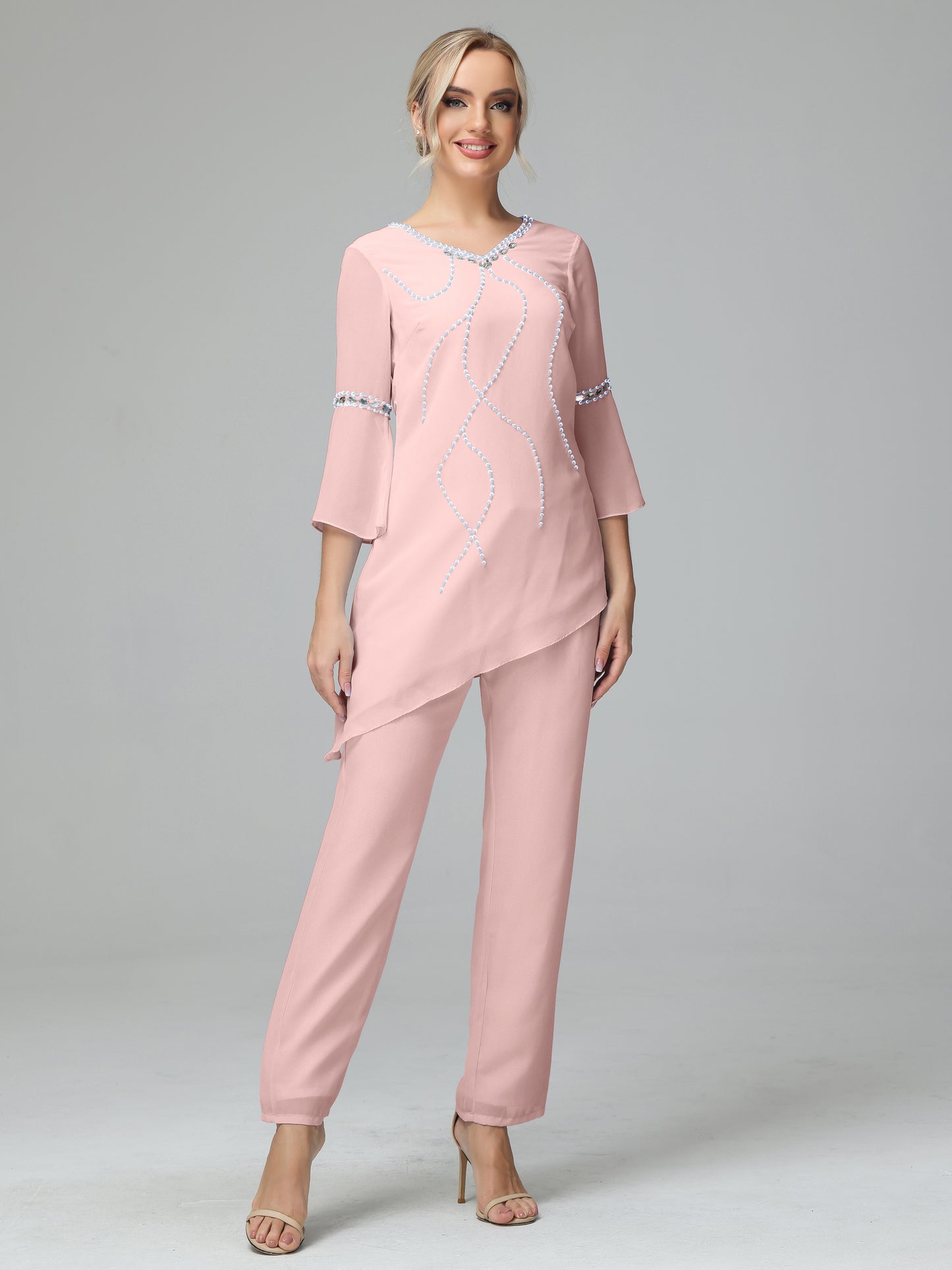 Chiffon Long Sleeves V Neck Mother Of The Bride Dress Pants Suits