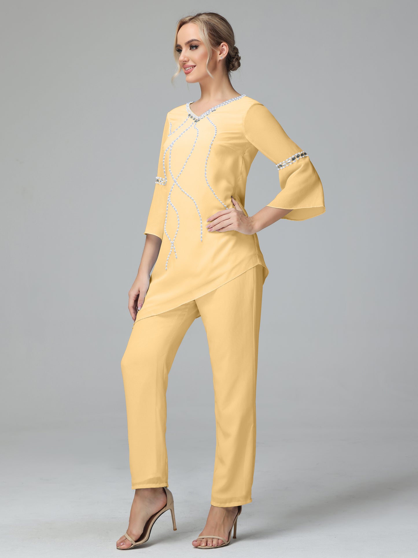 Chiffon Long Sleeves V Neck Mother Of The Bride Dress Pants Suits