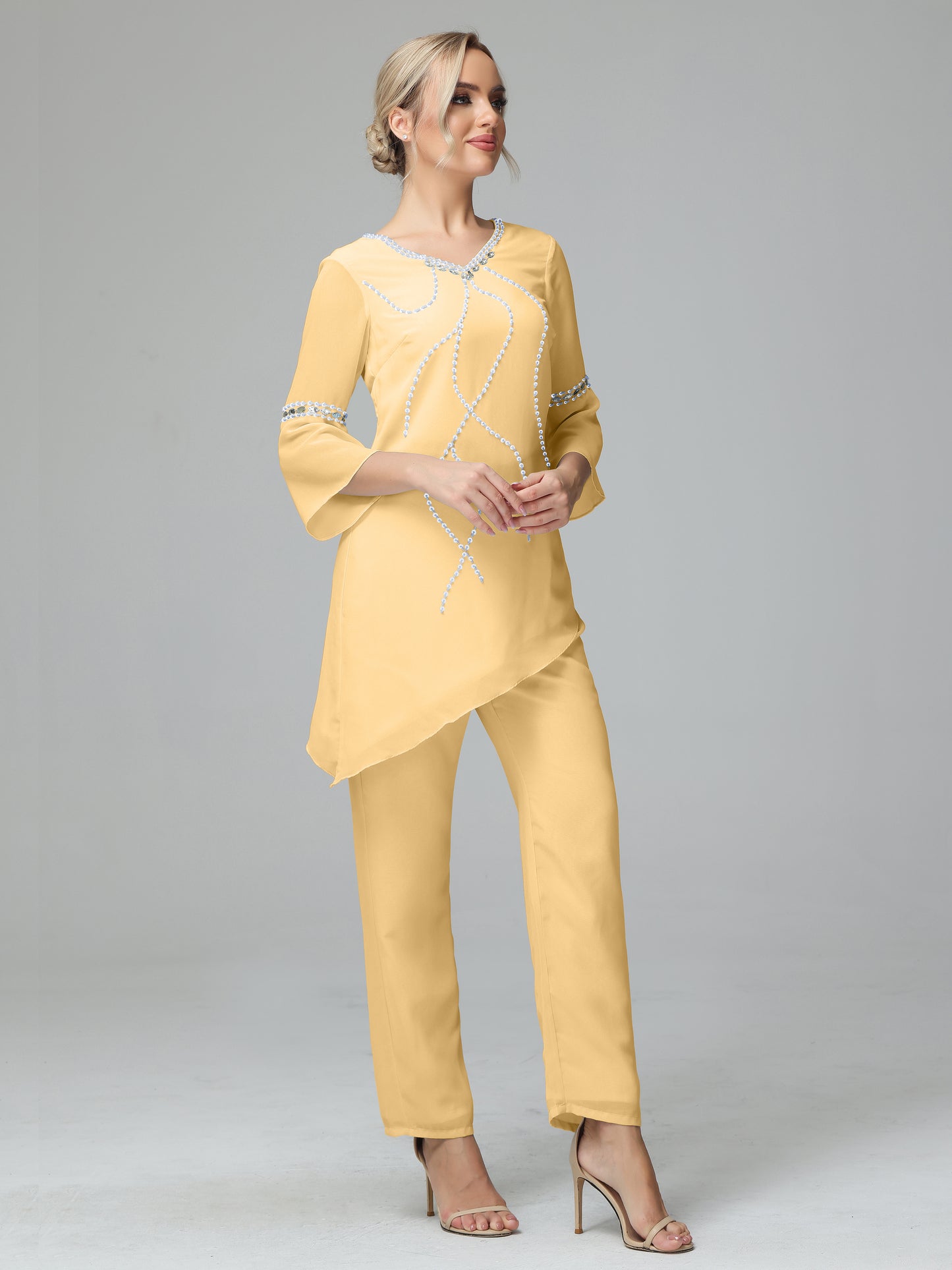 Chiffon Long Sleeves V Neck Mother Of The Bride Dress Pants Suits