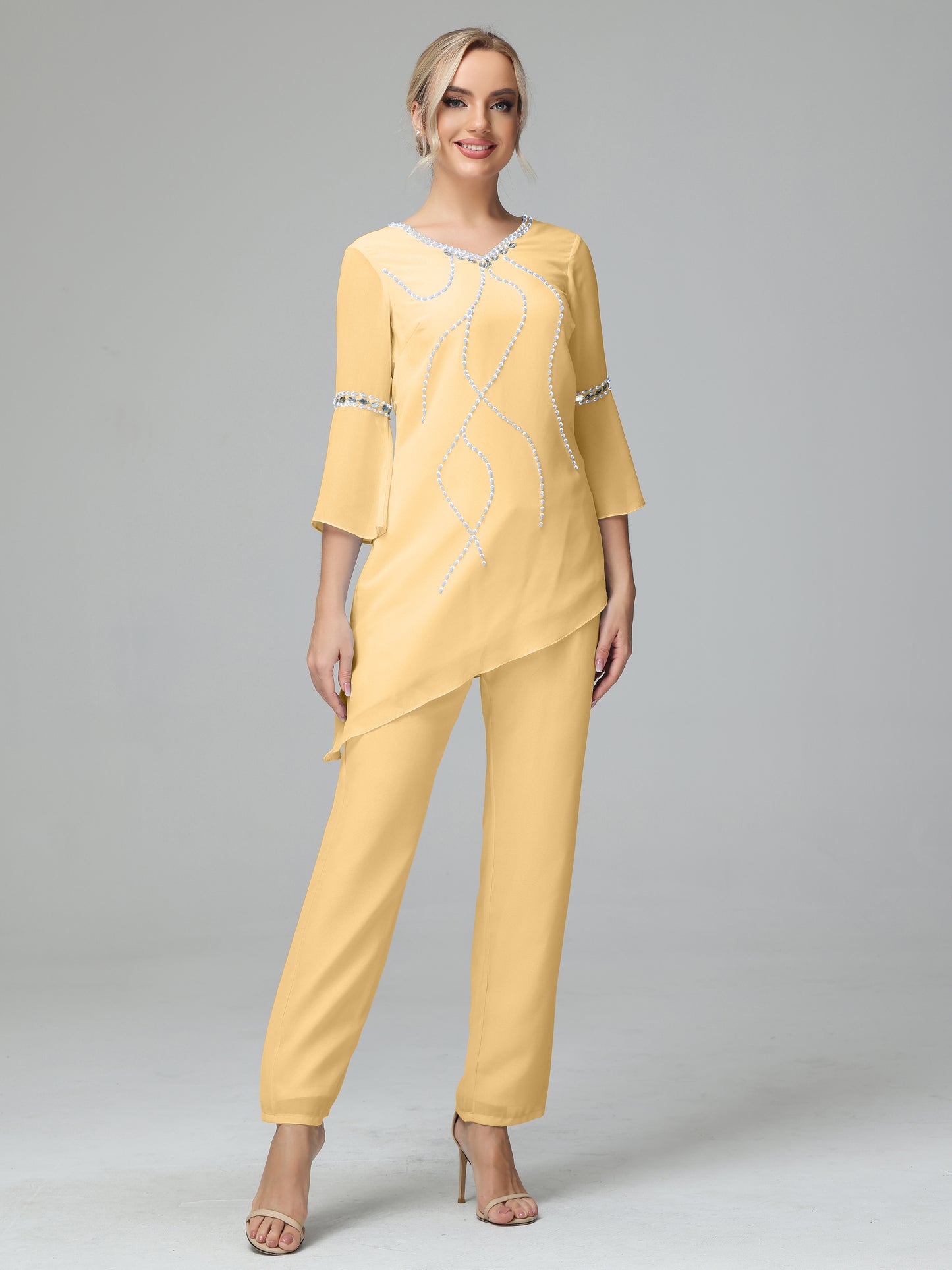 Chiffon Long Sleeves V Neck Mother Of The Bride Dress Pants Suits