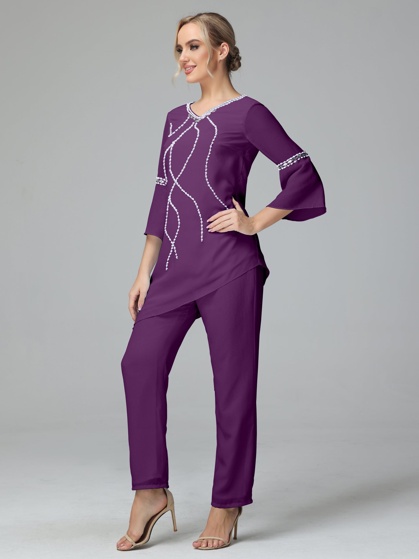 Chiffon Long Sleeves V Neck Mother Of The Bride Dress Pants Suits