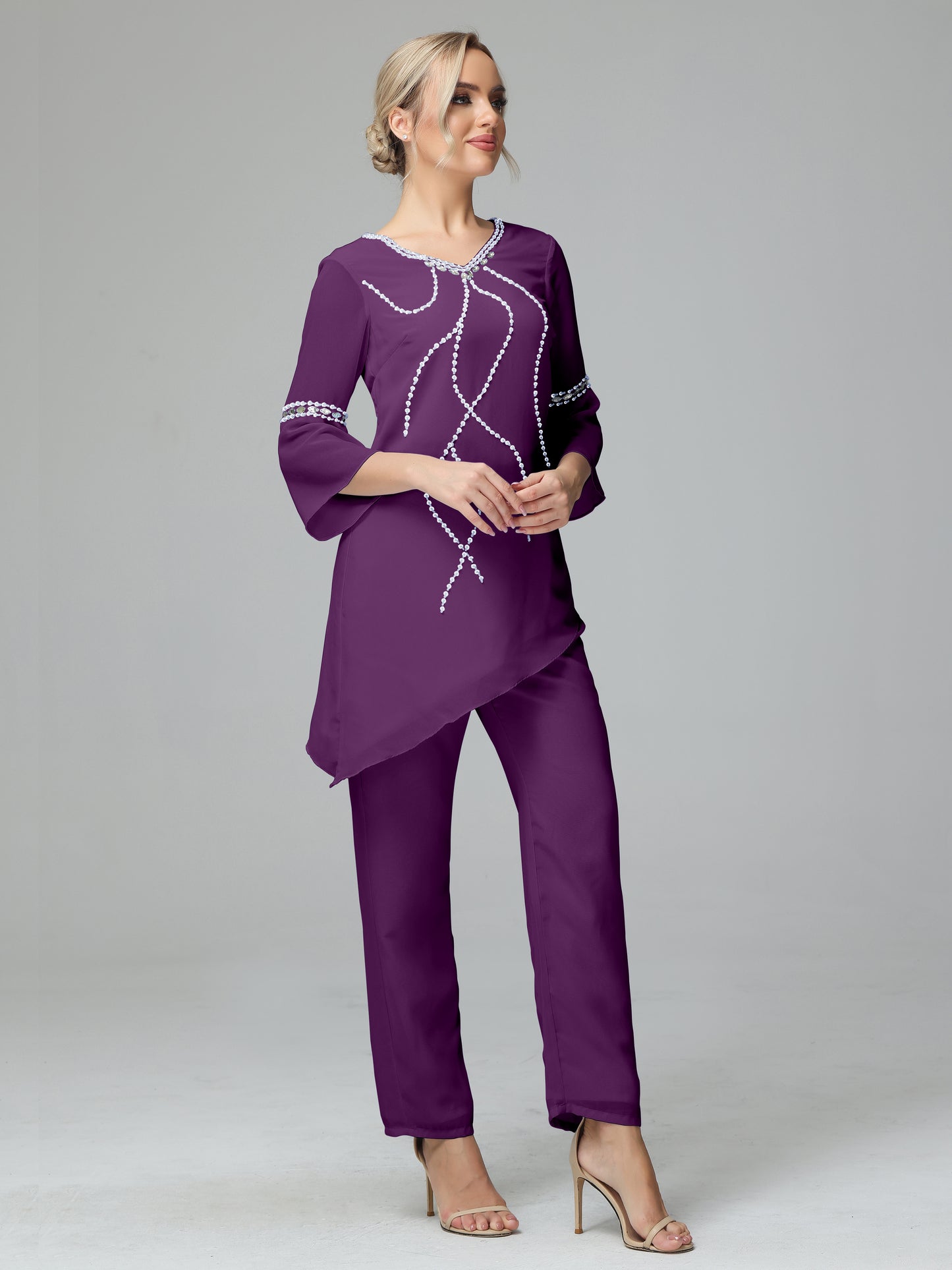 Chiffon Long Sleeves V Neck Mother Of The Bride Dress Pants Suits