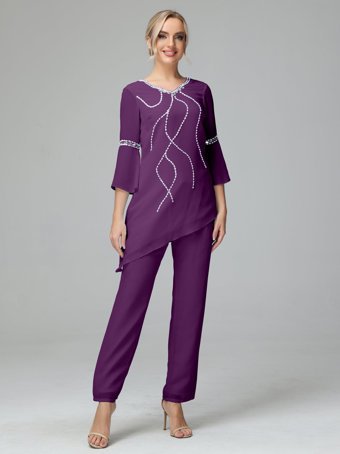 Chiffon Long Sleeves V Neck Mother Of The Bride Dress Pants Suits