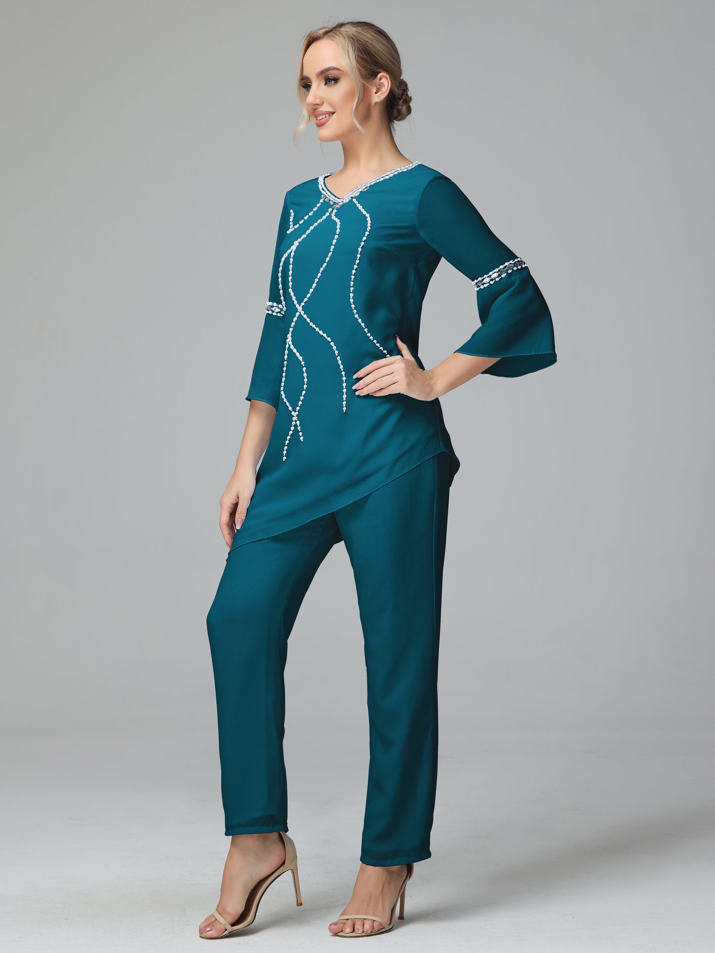 Chiffon Long Sleeves V Neck Mother Of The Bride Dress Pants Suits