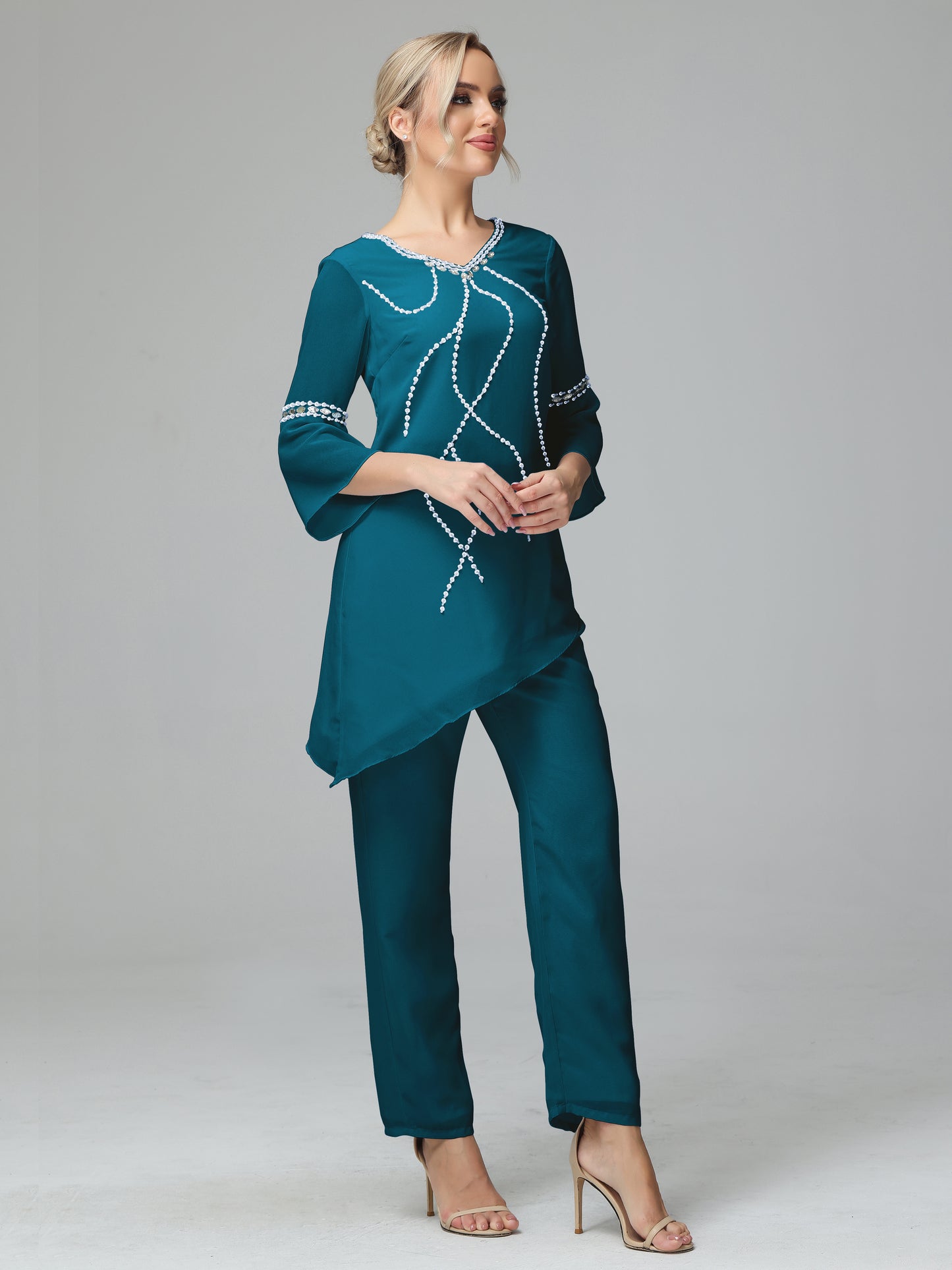 Chiffon Long Sleeves V Neck Mother Of The Bride Dress Pants Suits