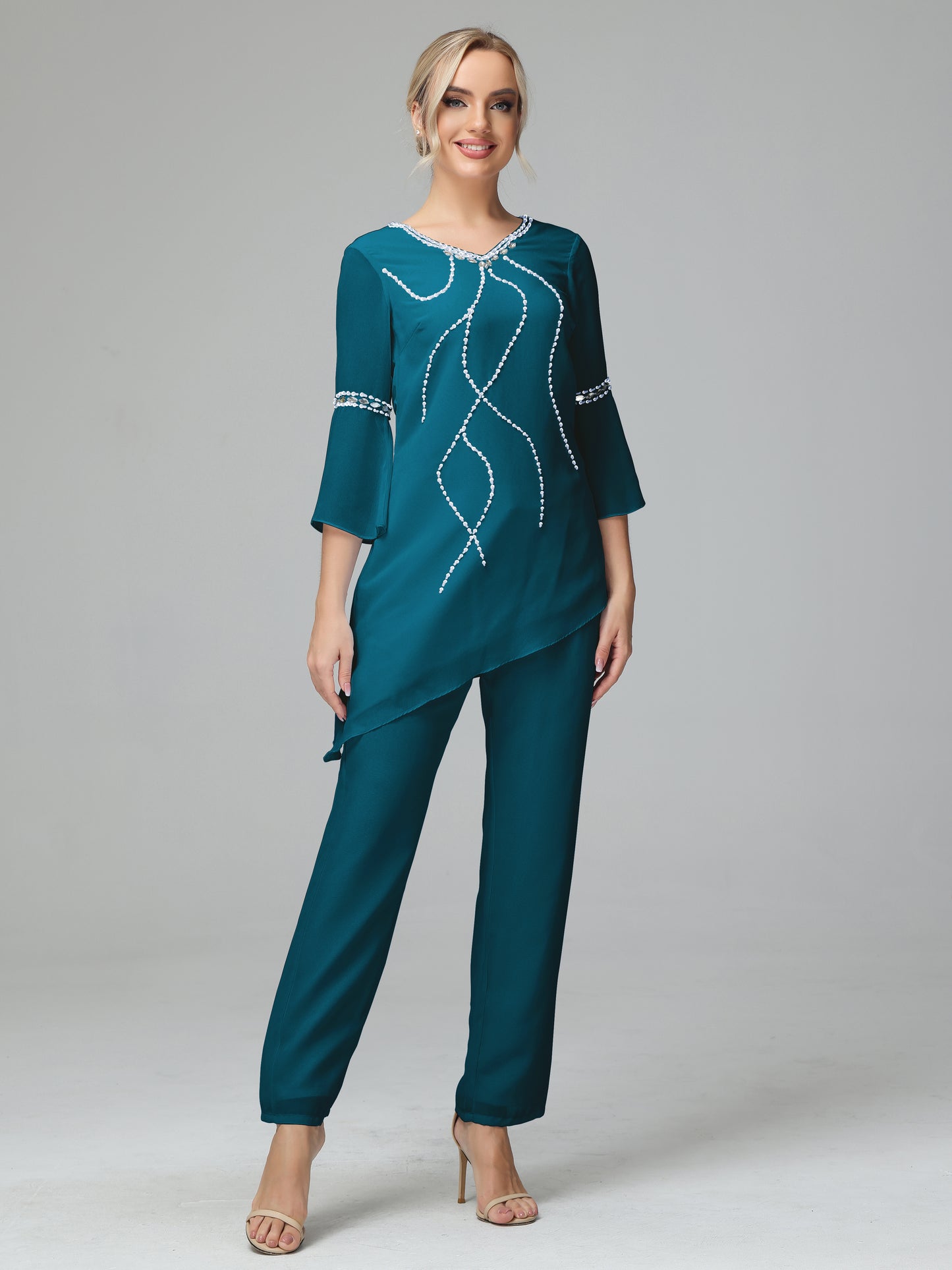 Chiffon Long Sleeves V Neck Mother Of The Bride Dress Pants Suits