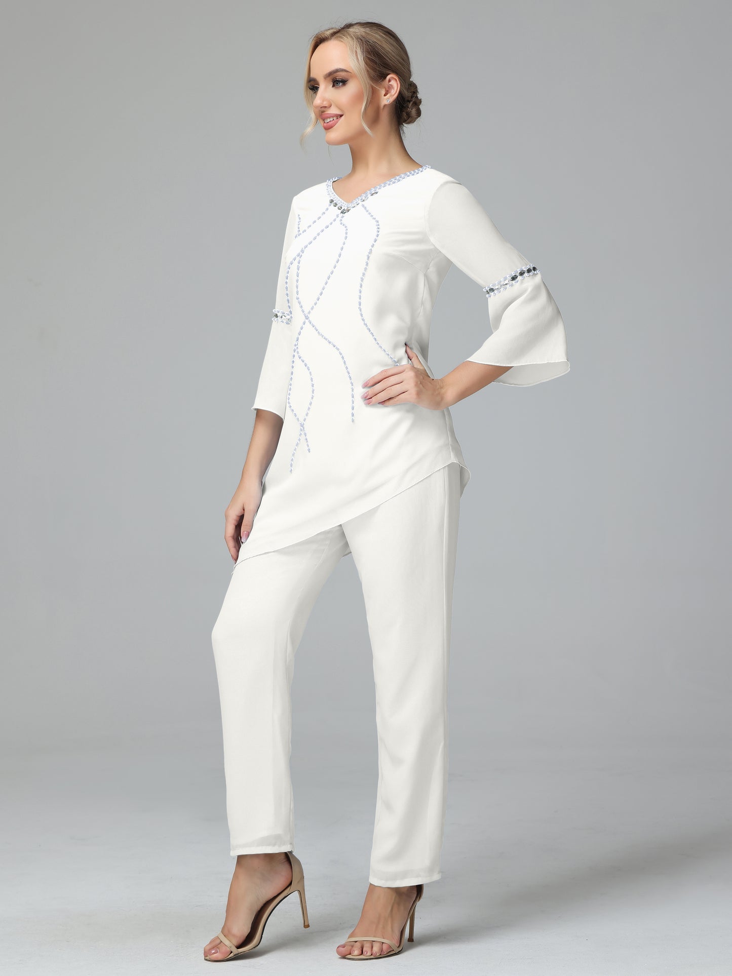Chiffon Long Sleeves V Neck Mother Of The Bride Dress Pants Suits