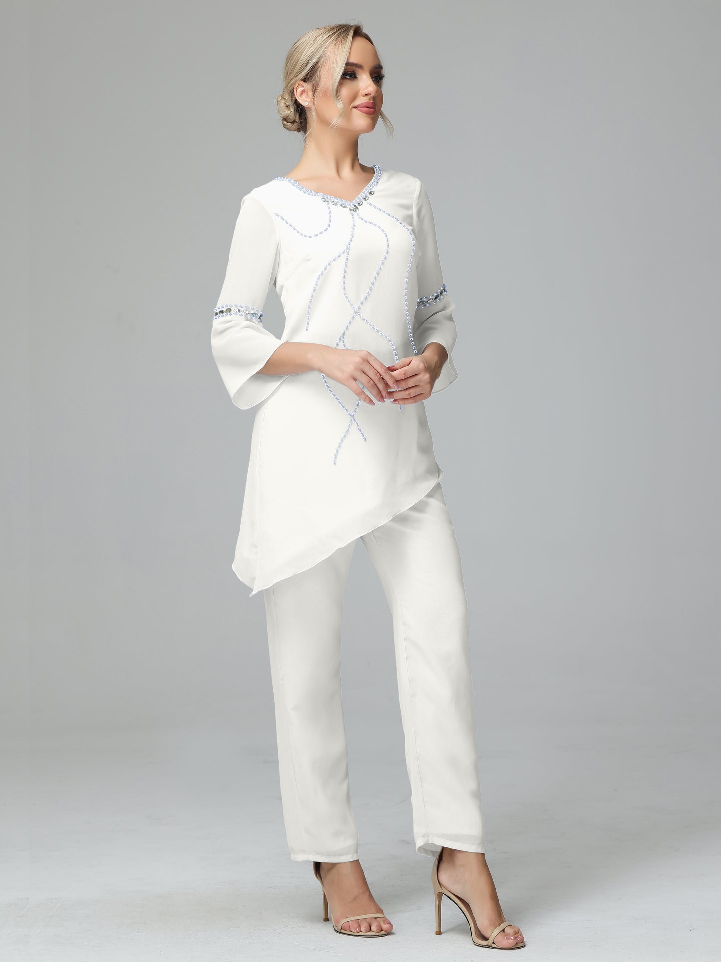 Chiffon Long Sleeves V Neck Mother Of The Bride Dress Pants Suits