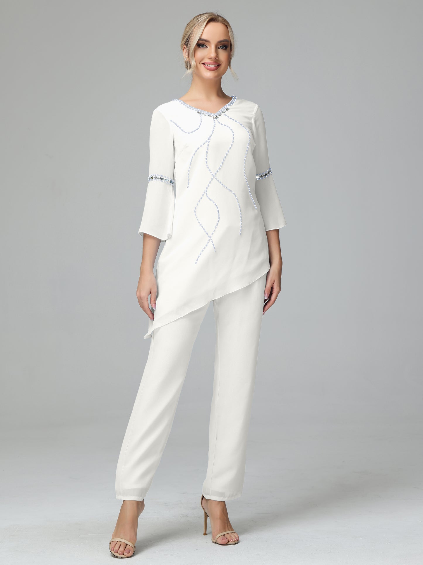 Chiffon Long Sleeves V Neck Mother Of The Bride Dress Pants Suits