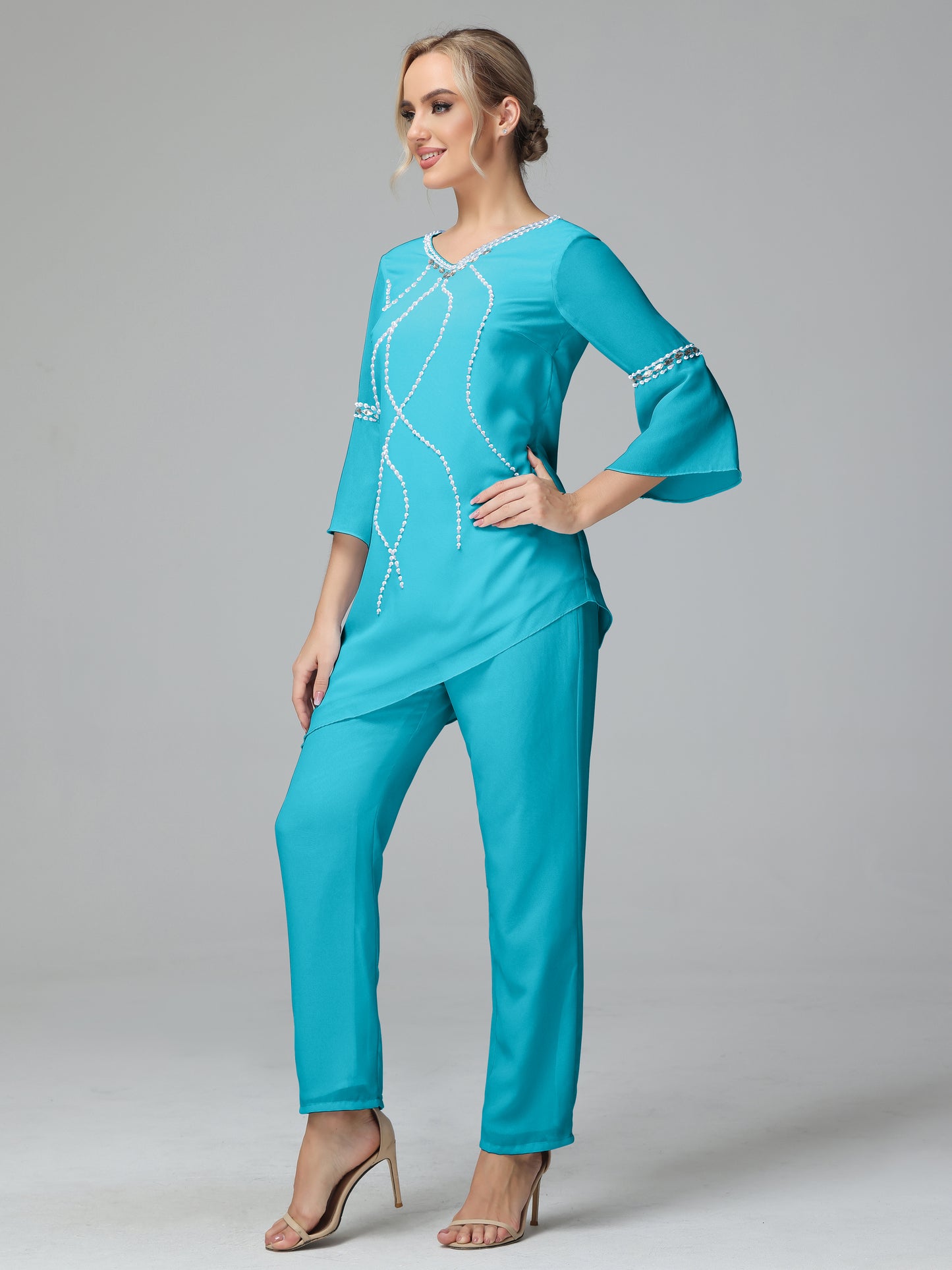 Chiffon Long Sleeves V Neck Mother Of The Bride Dress Pants Suits
