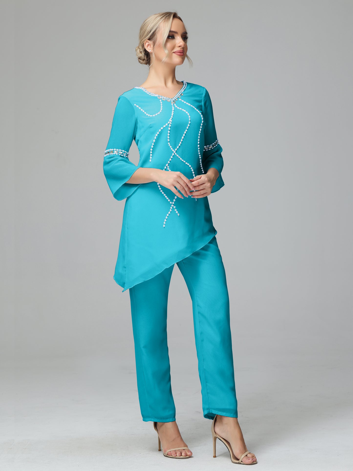 Chiffon Long Sleeves V Neck Mother Of The Bride Dress Pants Suits
