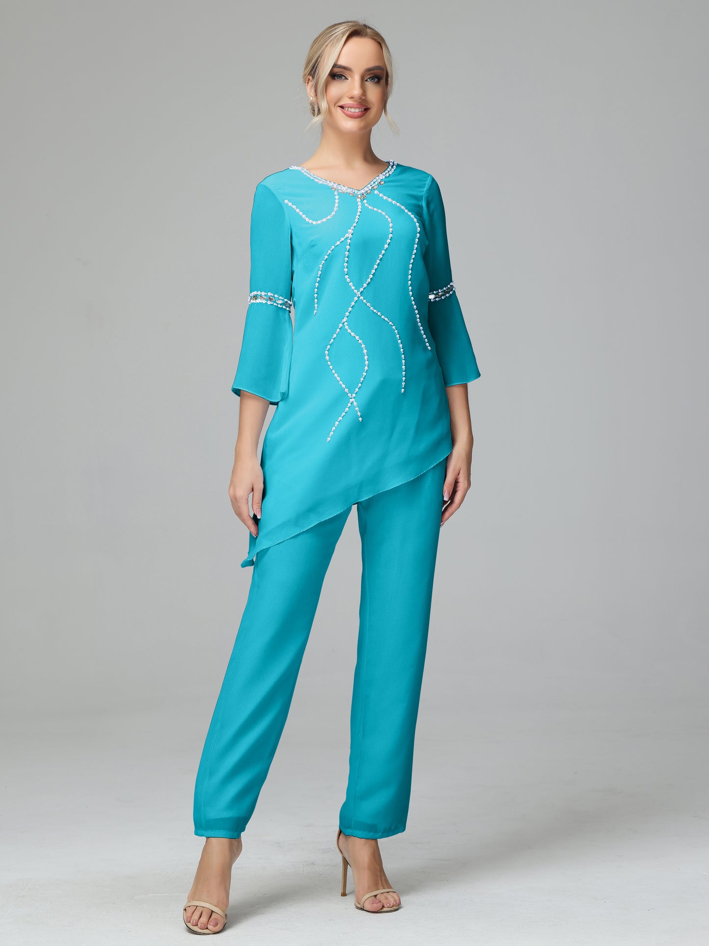 Chiffon Long Sleeves V Neck Mother Of The Bride Dress Pants Suits