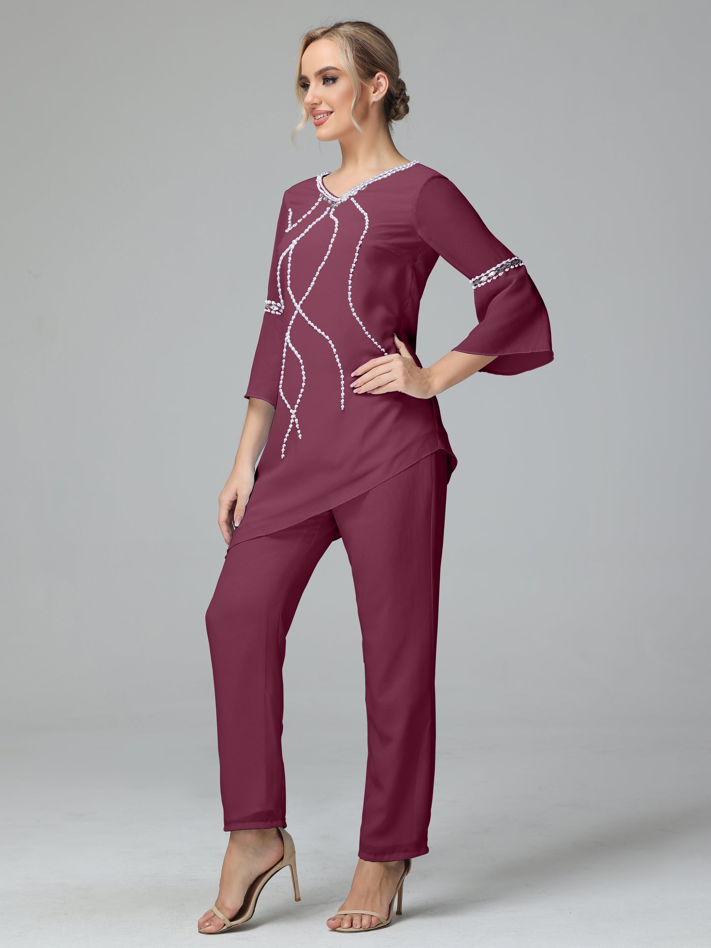 Chiffon Long Sleeves V Neck Mother Of The Bride Dress Pants Suits