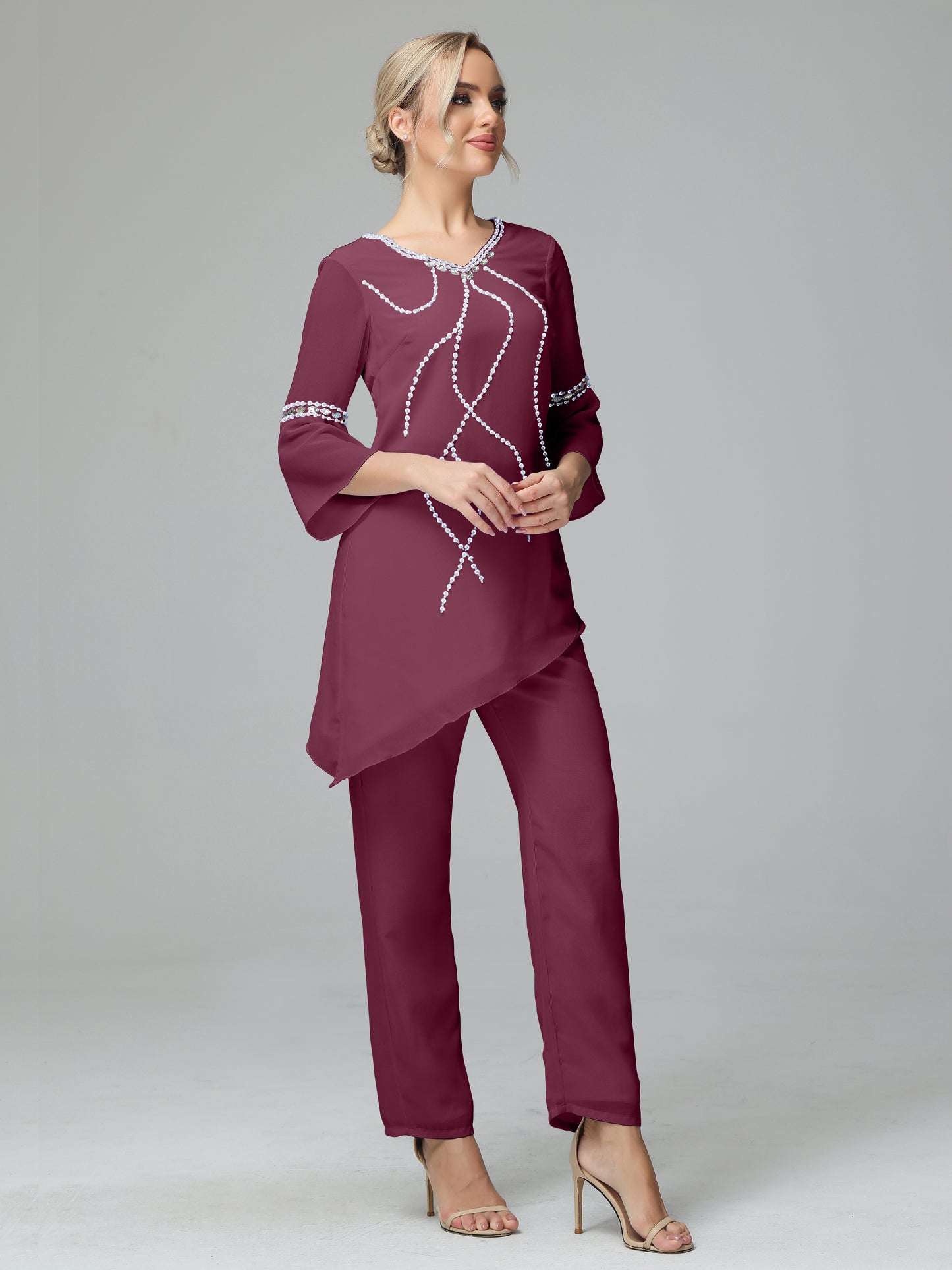 Chiffon Long Sleeves V Neck Mother Of The Bride Dress Pants Suits