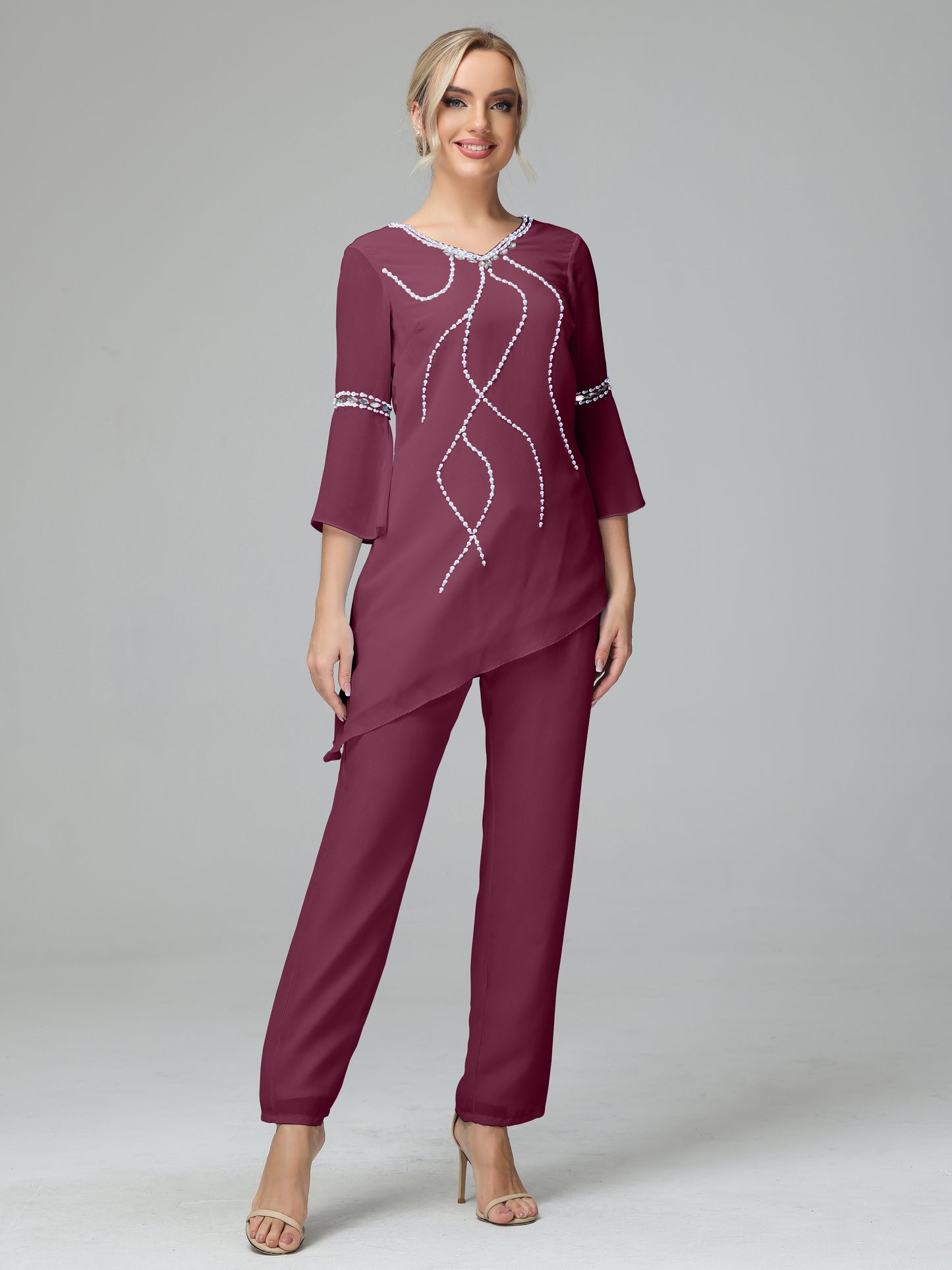 Chiffon Long Sleeves V Neck Mother Of The Bride Dress Pants Suits