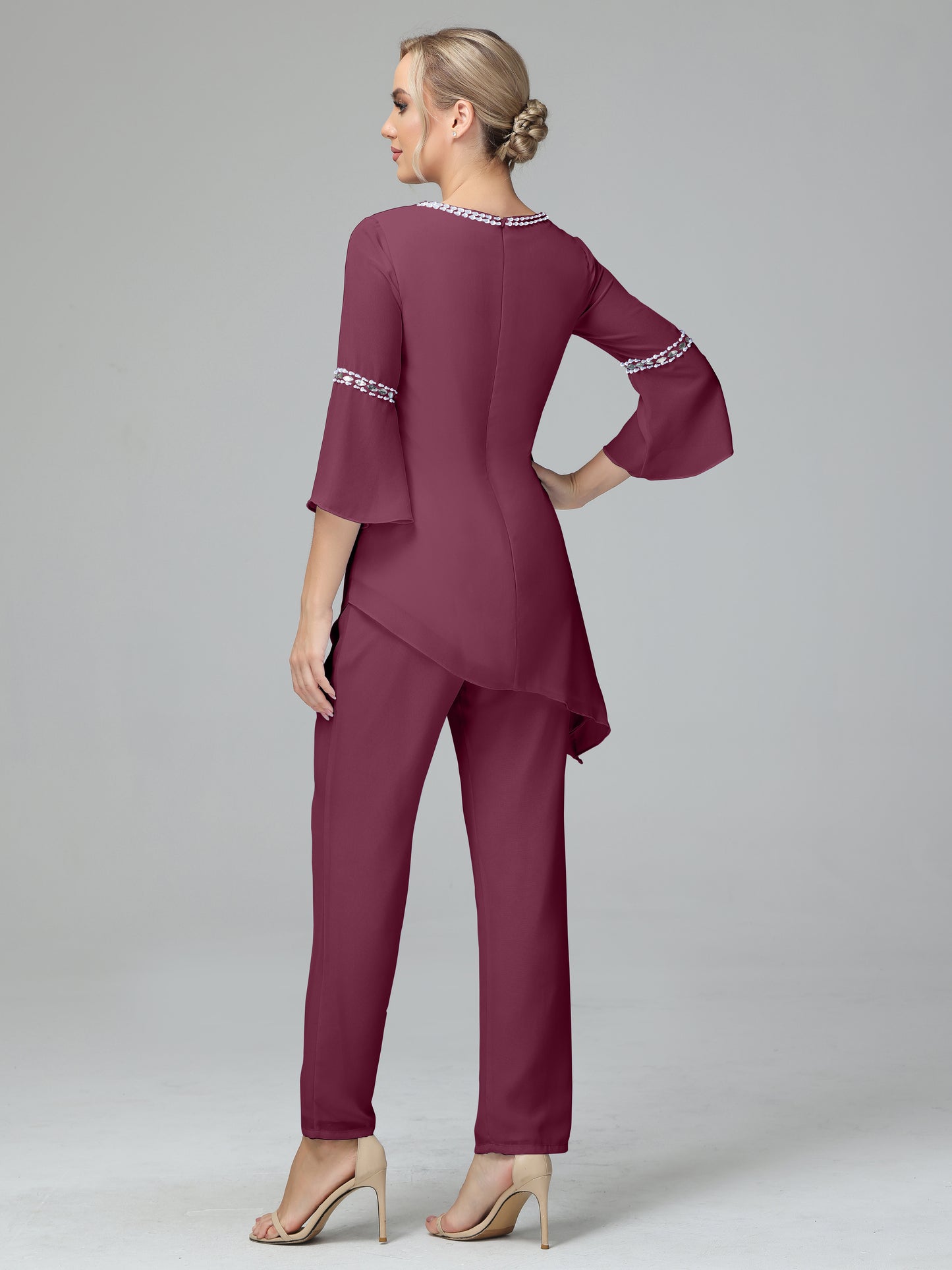 Chiffon Long Sleeves V Neck Mother Of The Bride Dress Pants Suits