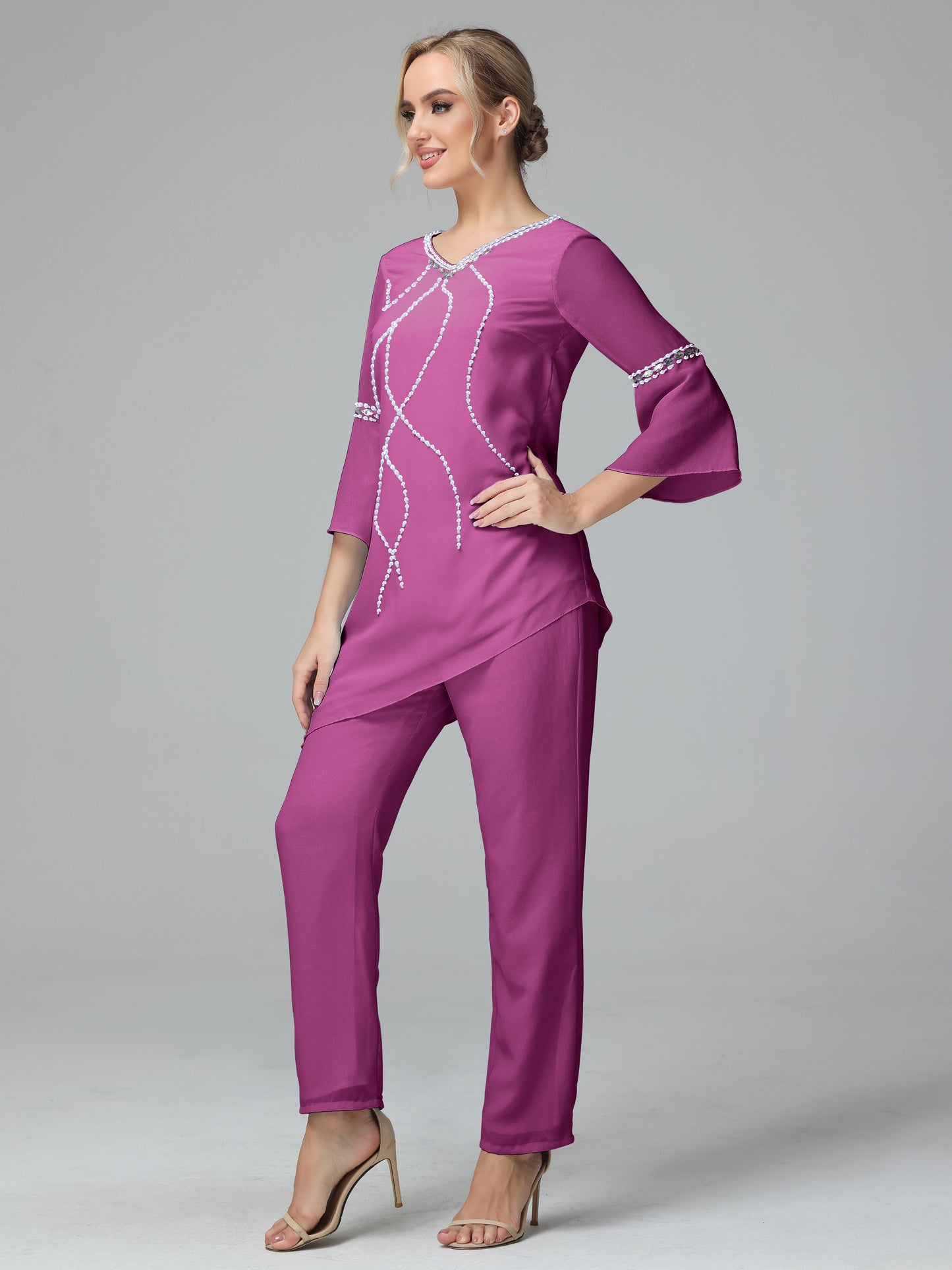 Chiffon Long Sleeves V Neck Mother Of The Bride Dress Pants Suits