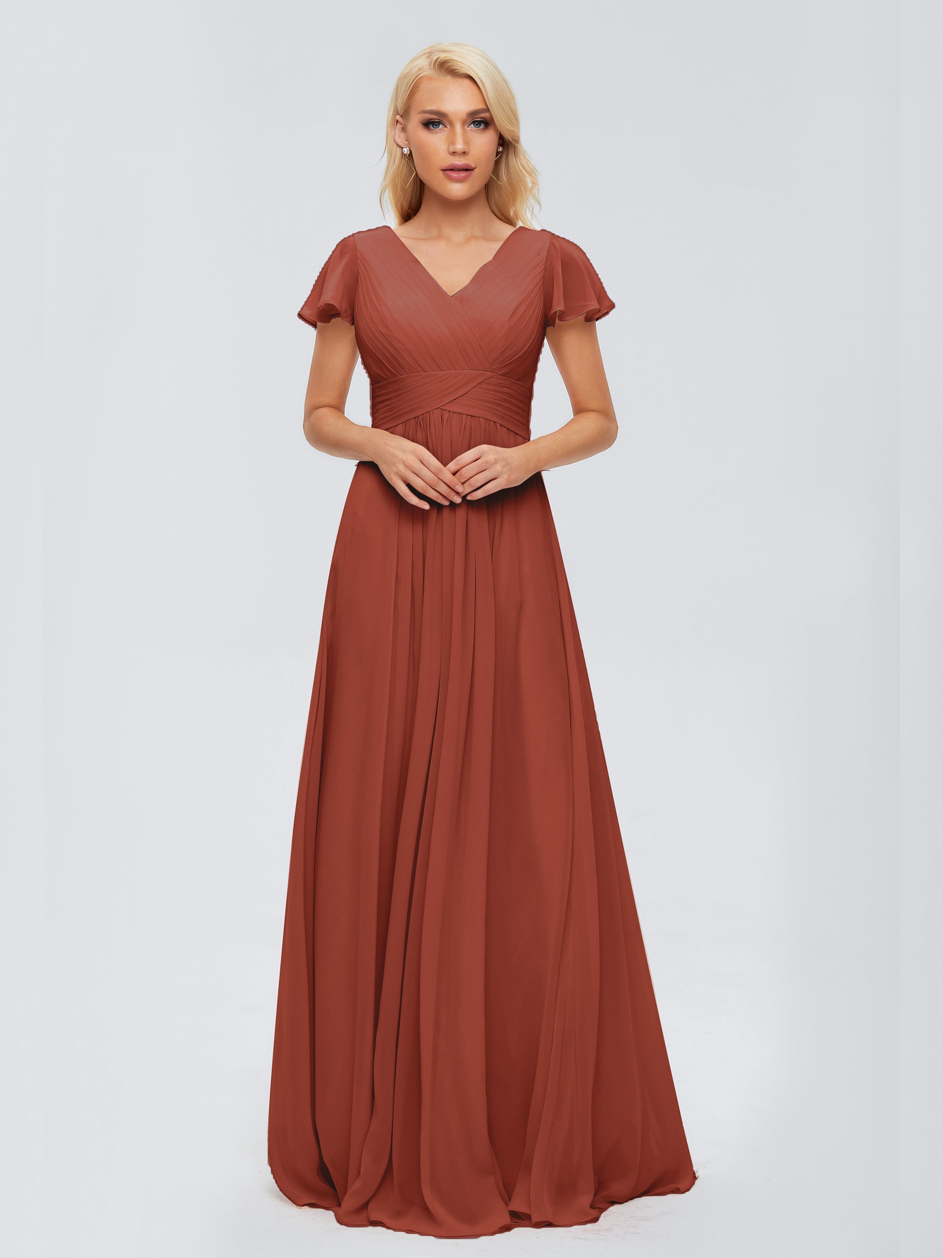 Rust Coloured Bridesmaid Dresses A-Line V Neck Short Sleeves Long Chiffon Bridesmaid Dresses Rust Coloured Bridesmaid Dresses A-Line V Neck Short Sleeves Long Chiffon Bridesmaid Dresses