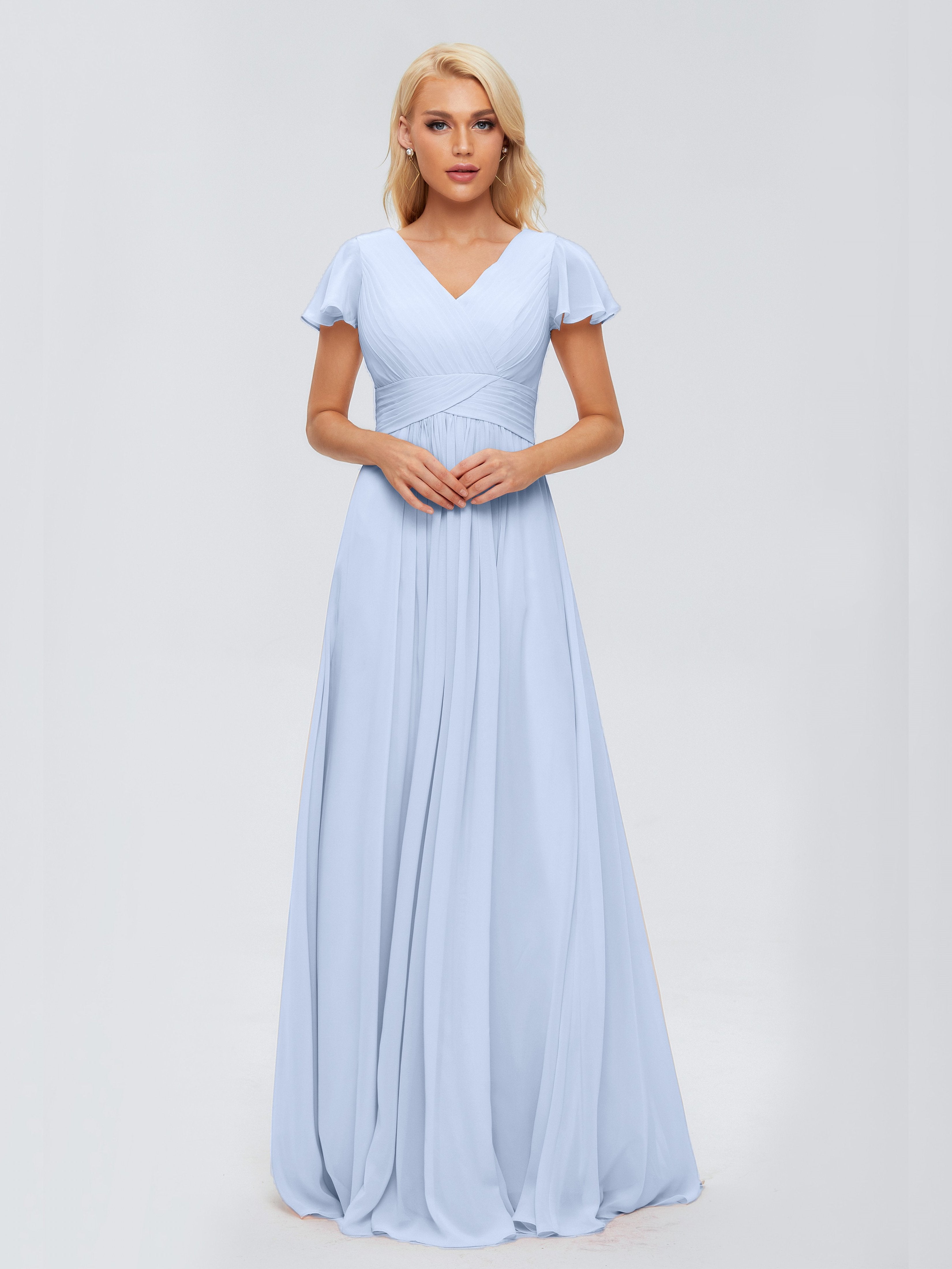 Sky Blue Bridesmaid A-Line V Neck Short Sleeves Long Chiffon Bridesmaid Dresses Sky Blue Bridesmaid A-Line V Neck Short Sleeves Long Chiffon Bridesmaid Dresses
