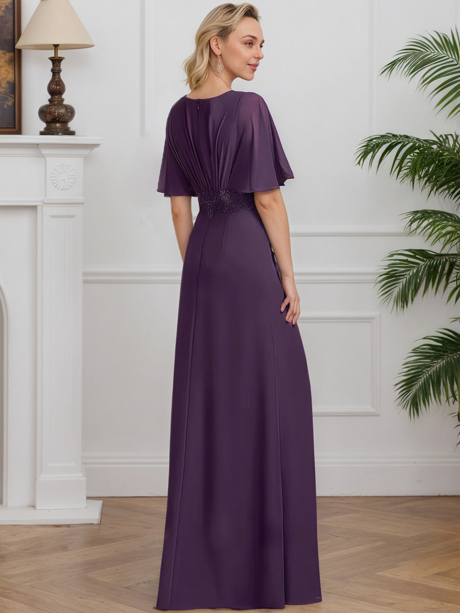 Cicinia Plum Mother Of The Bride Dress Long Chiffon Lace A-line V-neck
