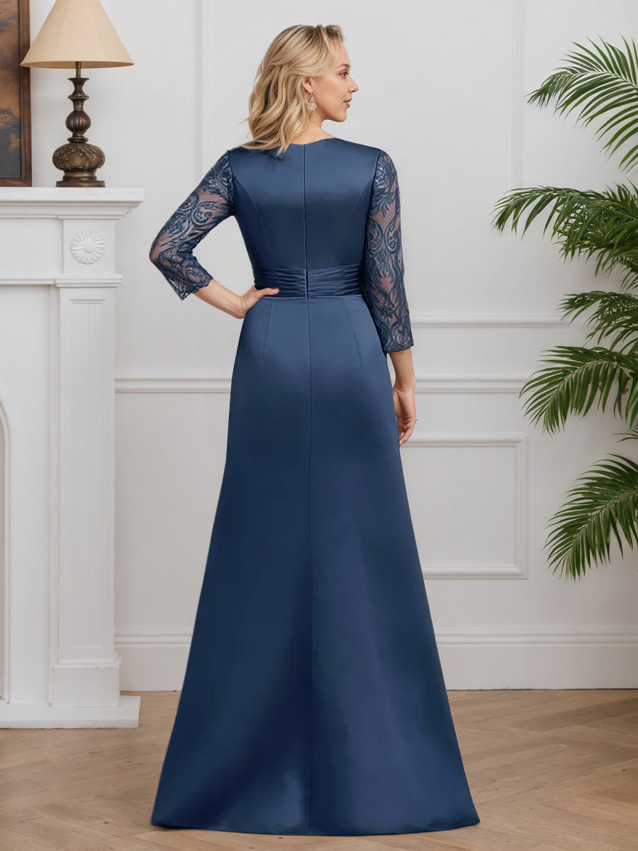 Cicinia Ink Blue Mother Of The Groom Dress Long Satin Lace A-line 3/4 Sleeves Floor Length