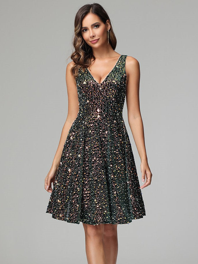 Dark Green A Line V-neck Short Sequins Homecoming Dress Dark Green A Line V-neck Short Sequins Homecoming Dress