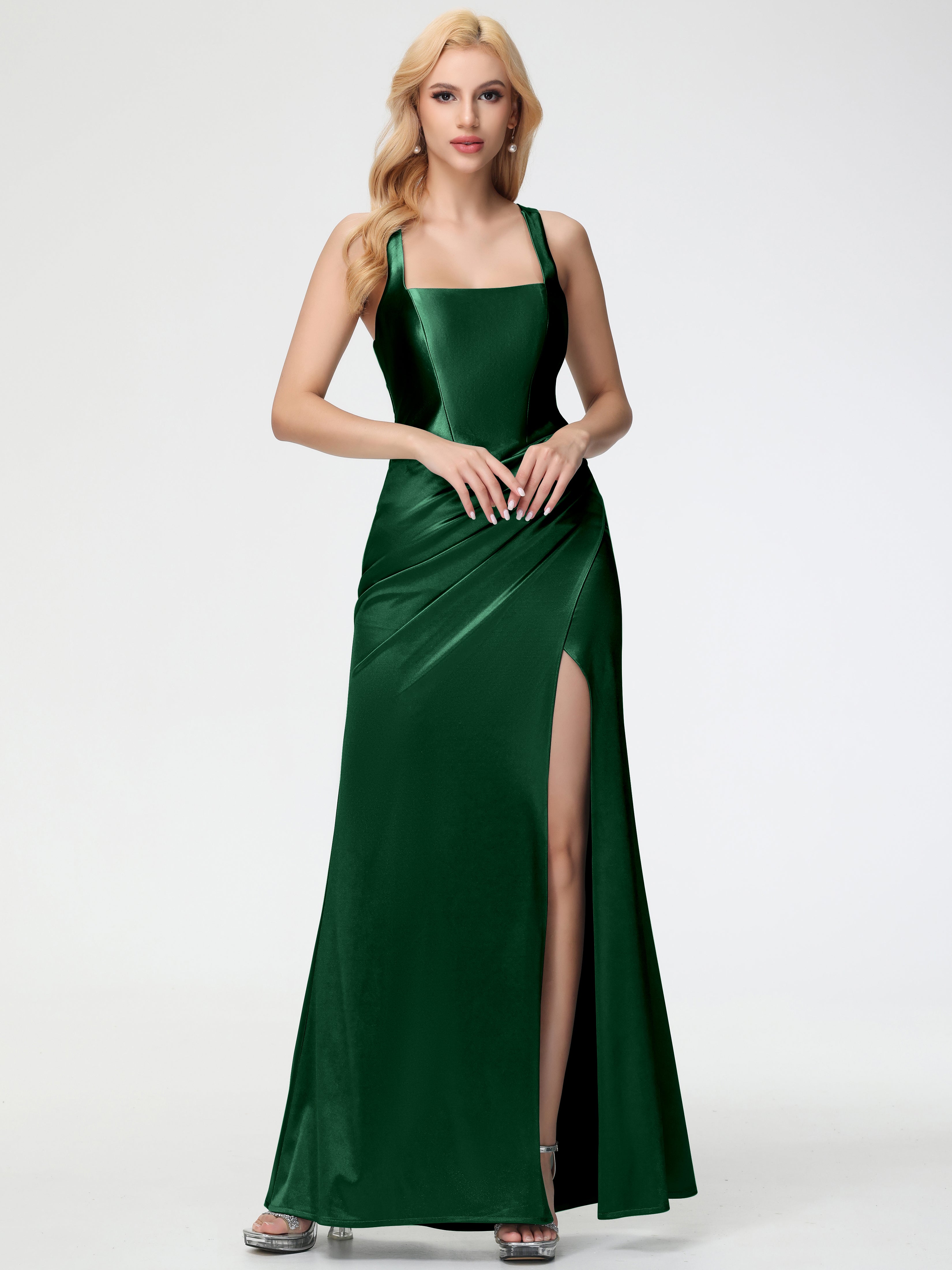 Dark Green Bridesmaid Dresses Straps Ruched Floor Length Sheath Brides Dark Green Bridesmaid Dresses Straps Ruched Floor Length Sheath Brides