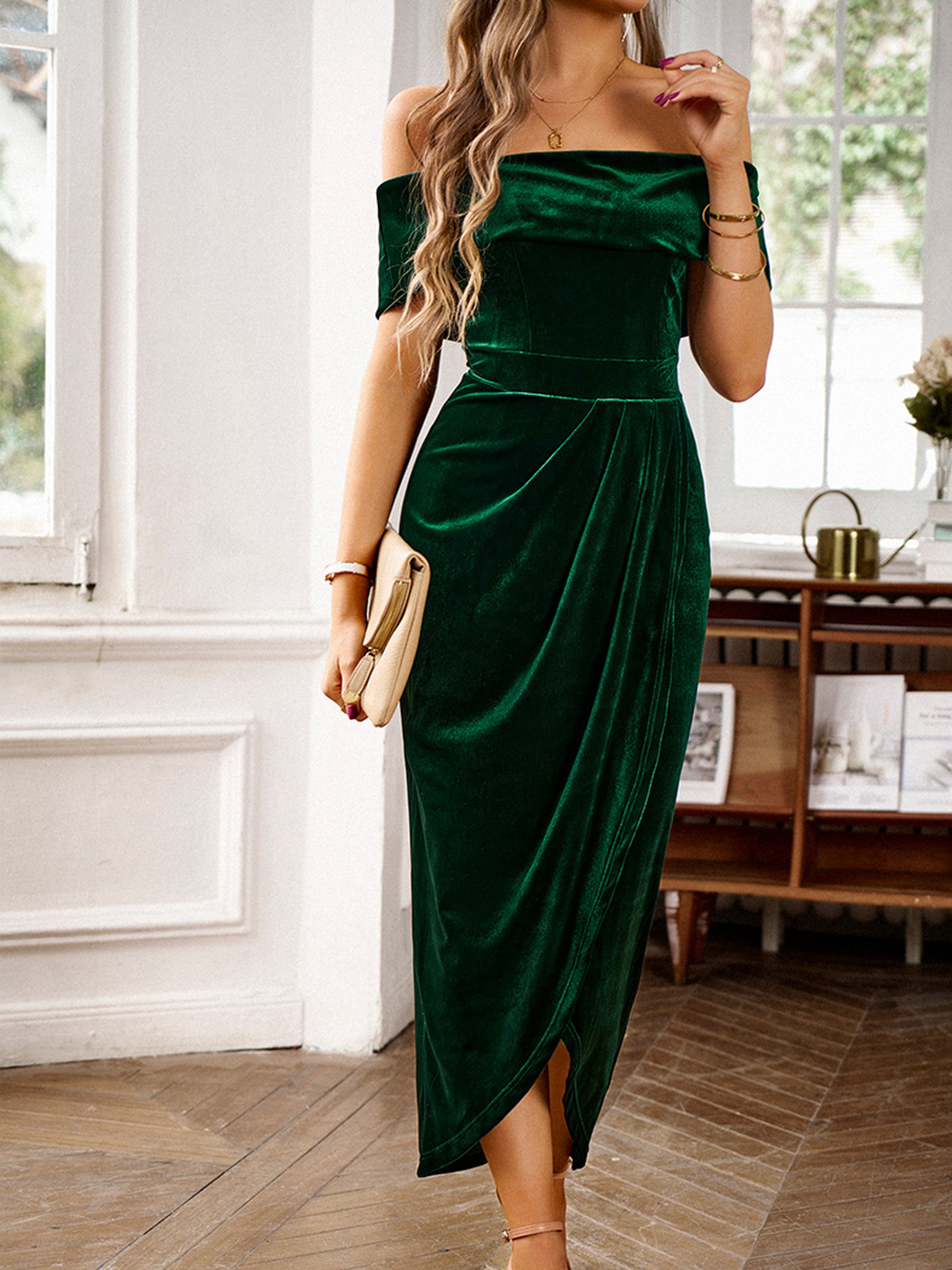 Brown Off The Shoulder Strapless Maxi Velvet Wedding Guest Dress