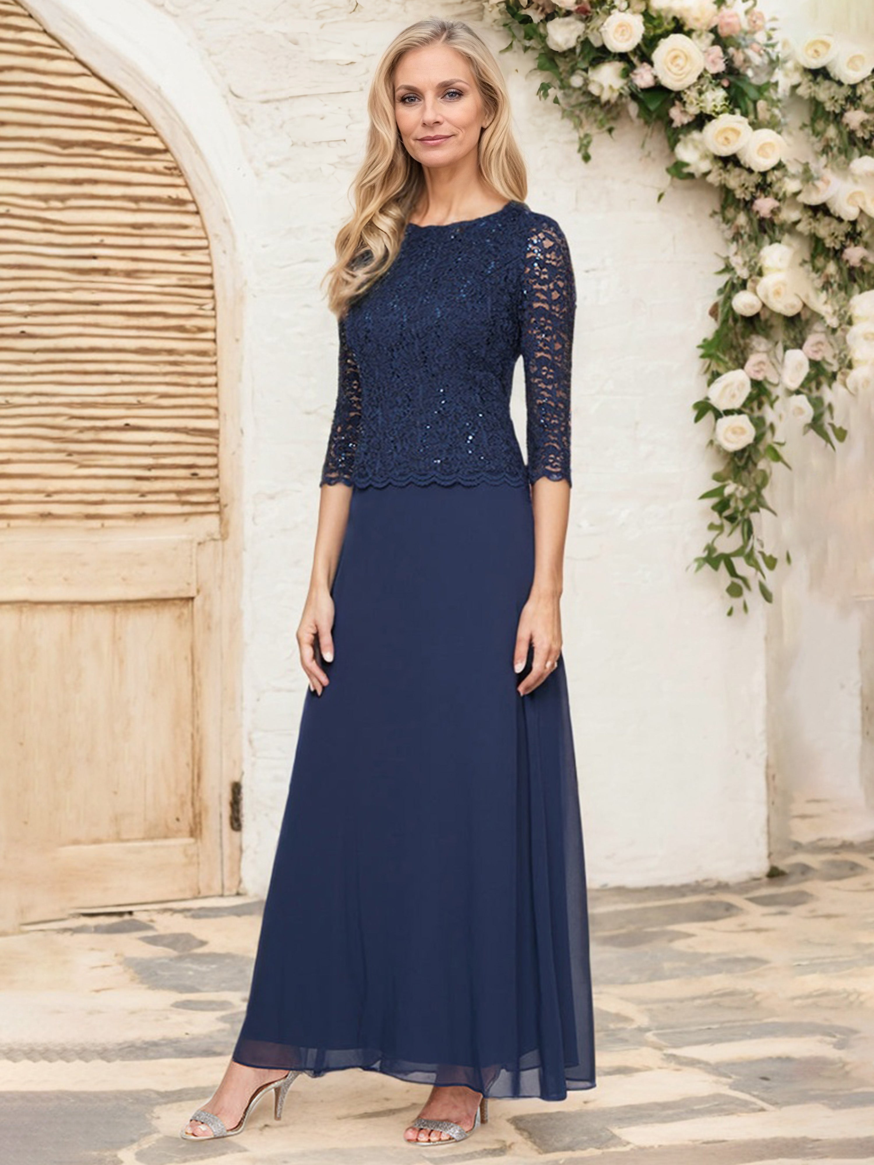 Dark Navy Mother Of The Birde Dresses Mock Two-Piece Lace Bodice 3/4 L Dark Navy Mother Of The Birde Dresses Mock Two-Piece Lace Bodice 3/4 L