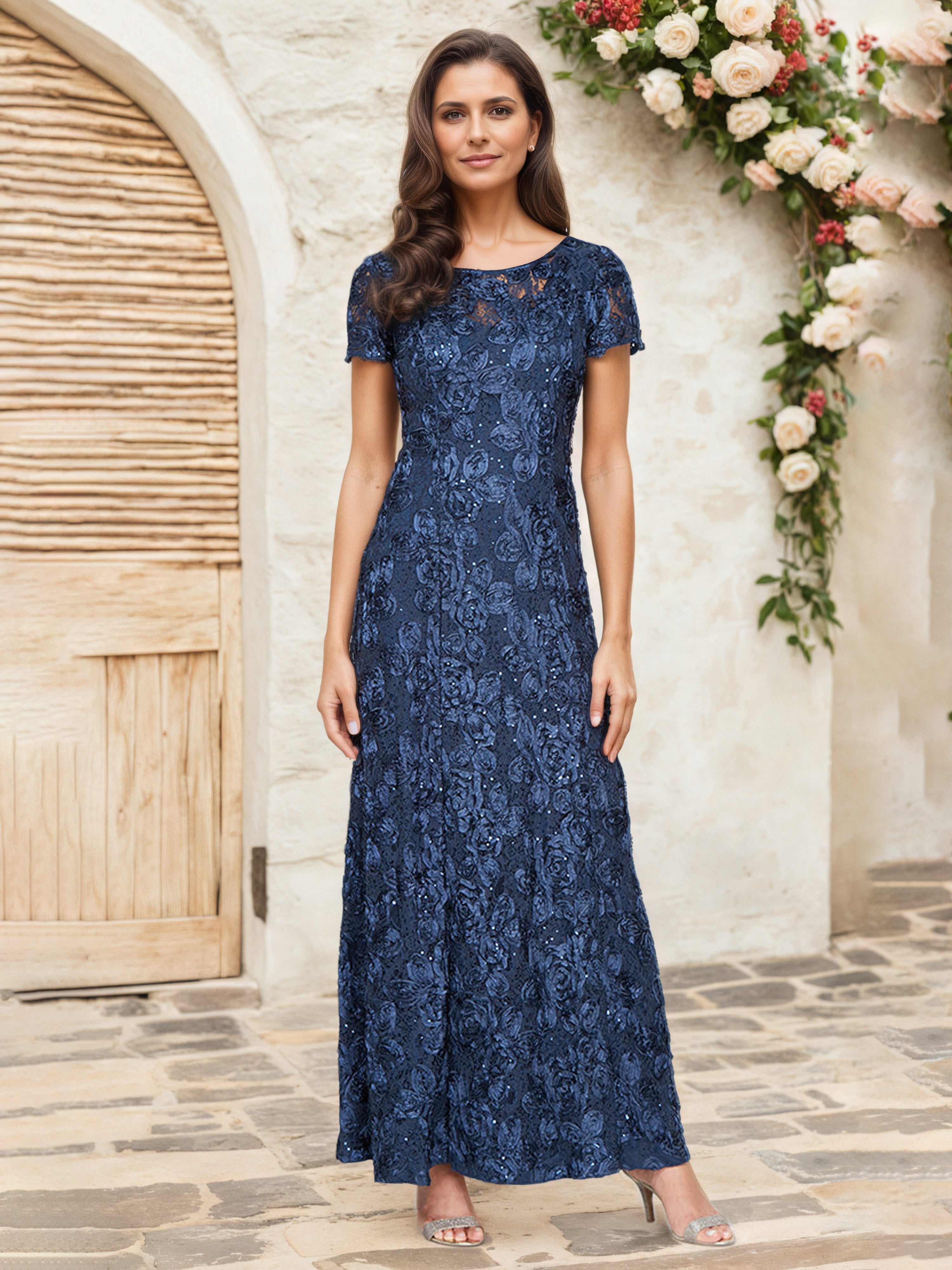 Dark Navy A-Line Short Sleeves Lace Appliques Sequins Maxi Mother Of T Dark Navy A-Line Short Sleeves Lace Appliques Sequins Maxi Mother Of T