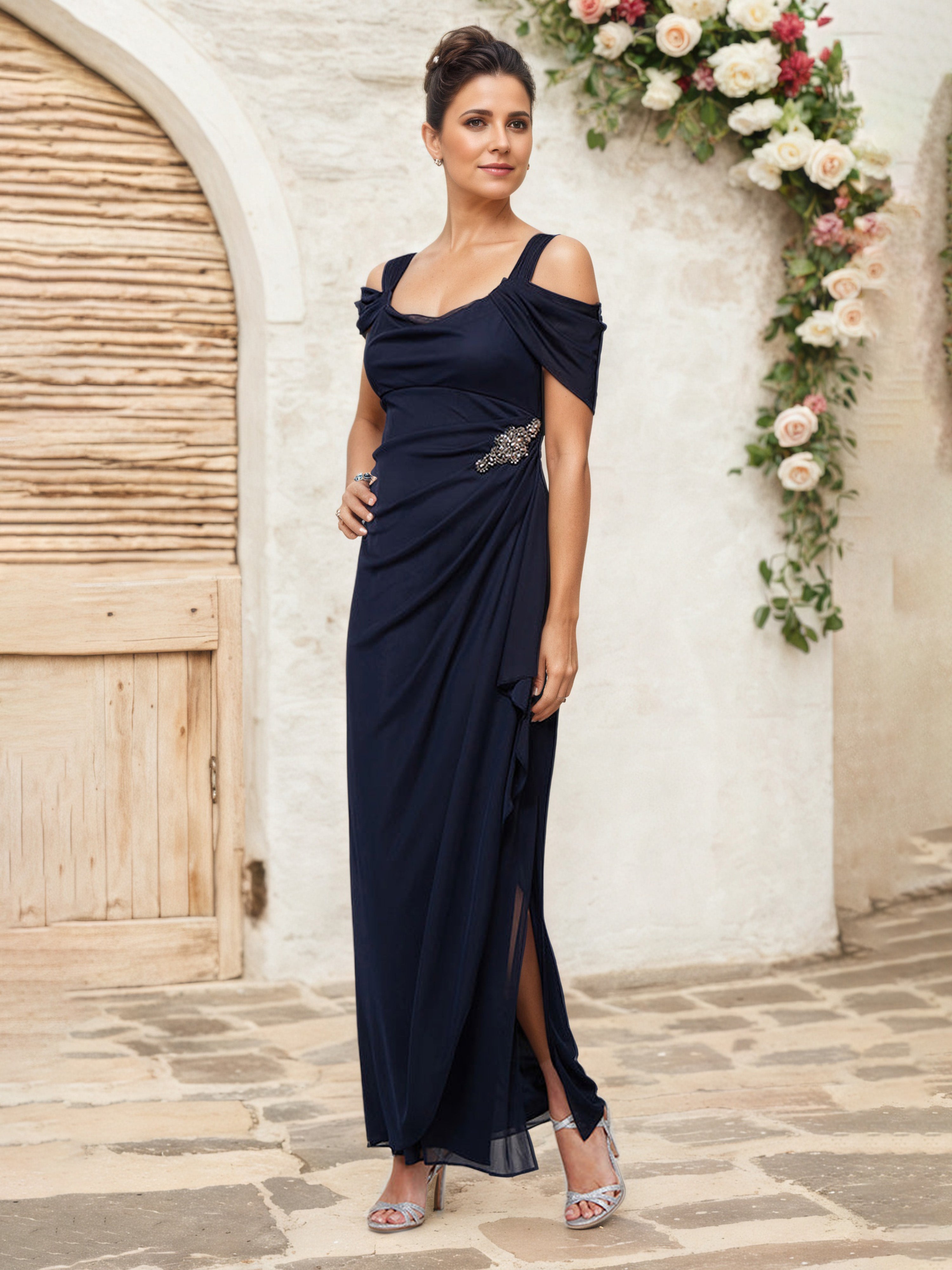 Dark Navy Mother Of The Bride Dress Off the Shoulder Long Chiffon Moth Dark Navy Mother Of The Bride Dress Off the Shoulder Long Chiffon Moth