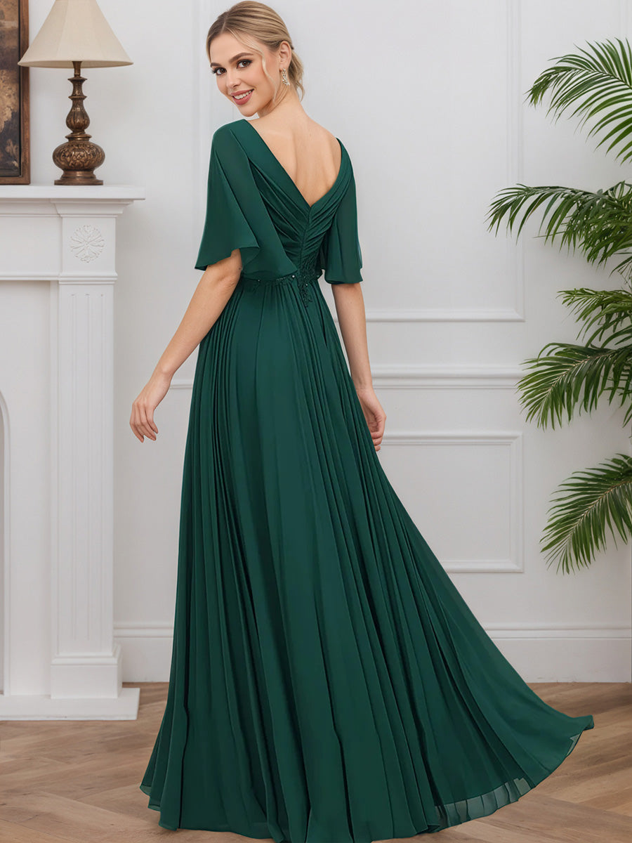 Cicinia Dark Green Mother Of The Bride Dress Long Chiffon Lace A-line V-neck Modest