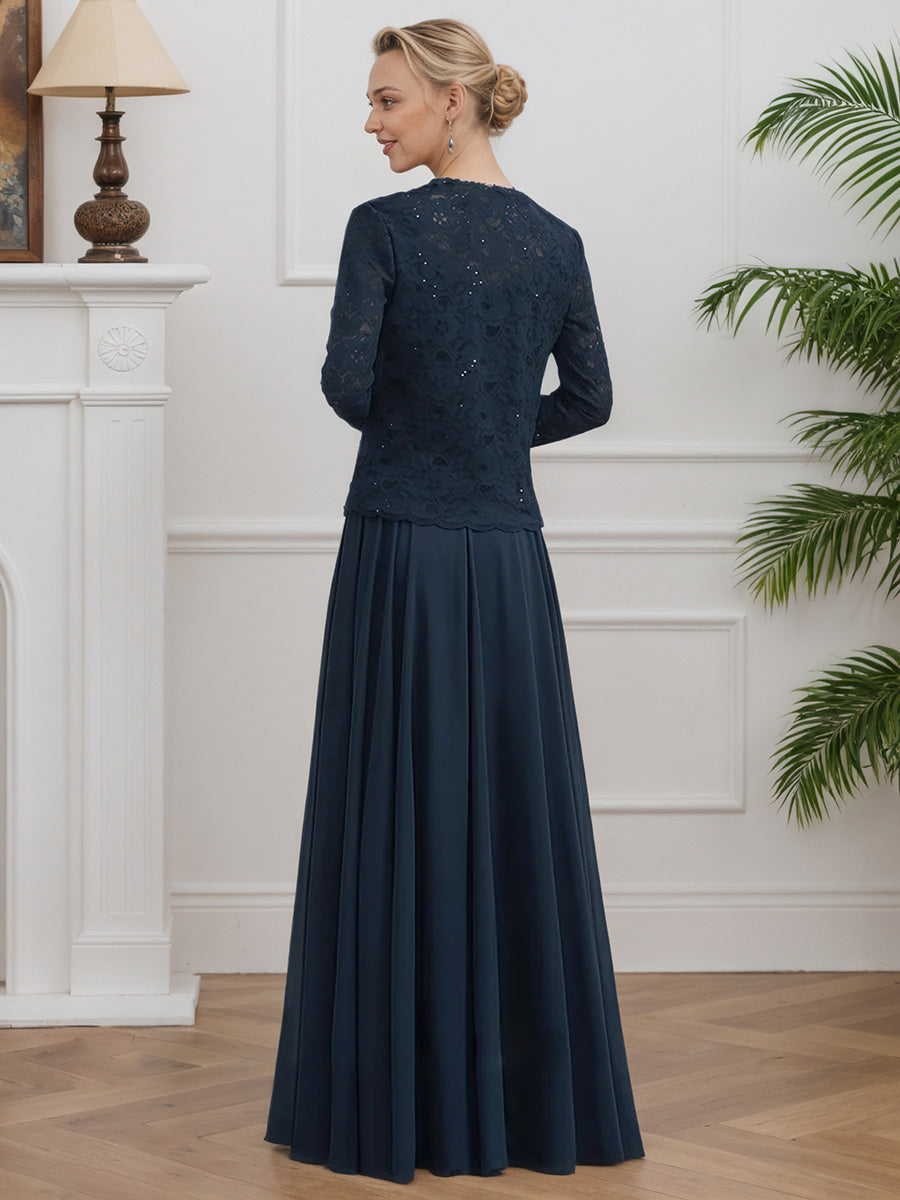 Cicinia Dark Navy Mother Of The Bride Dress With Jacket Long Chiffon Lace A-line Floor Length