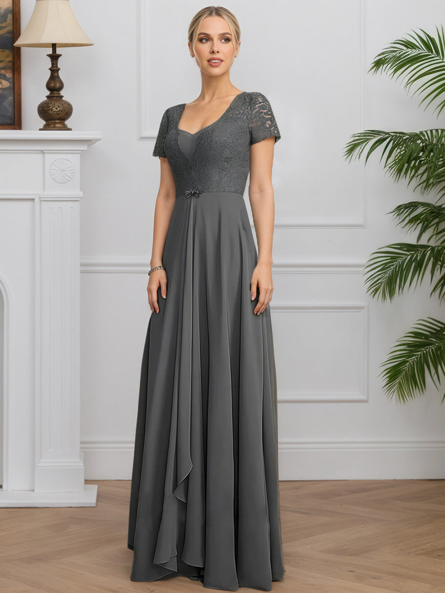 Cicinia Steel Gray Mother Of The Bride Dress Long Chiffon Lace A-line Short Sleeves