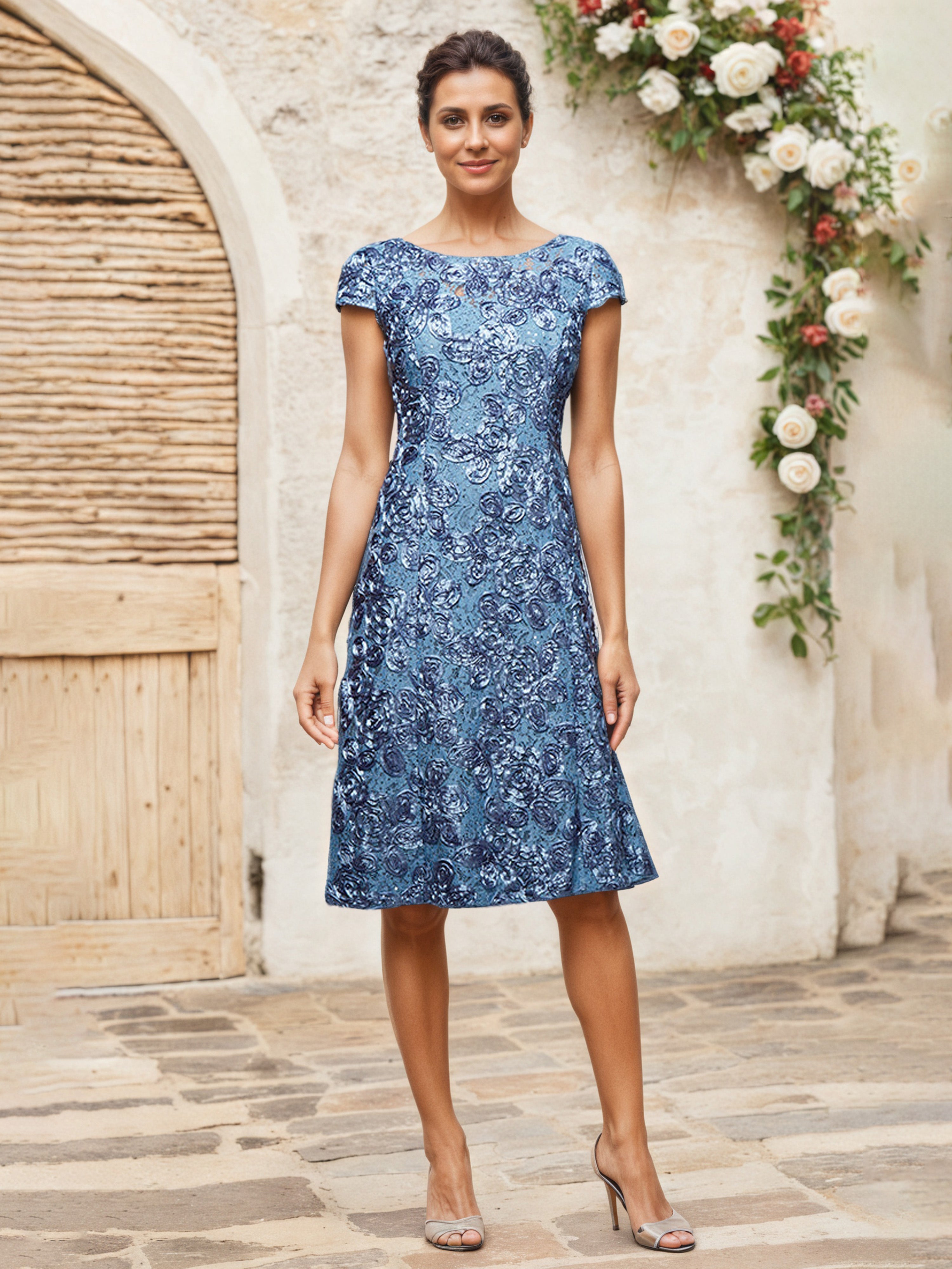 Dusty Blue Mother Of The Bride Dress A-Line Cap Sleeves Lace Appliques Knee Length Mother Of Bride Dress Dusty Blue Mother Of The Bride Dress A-Line Cap Sleeves Lace Appliques Knee Length Mother Of Bride Dress