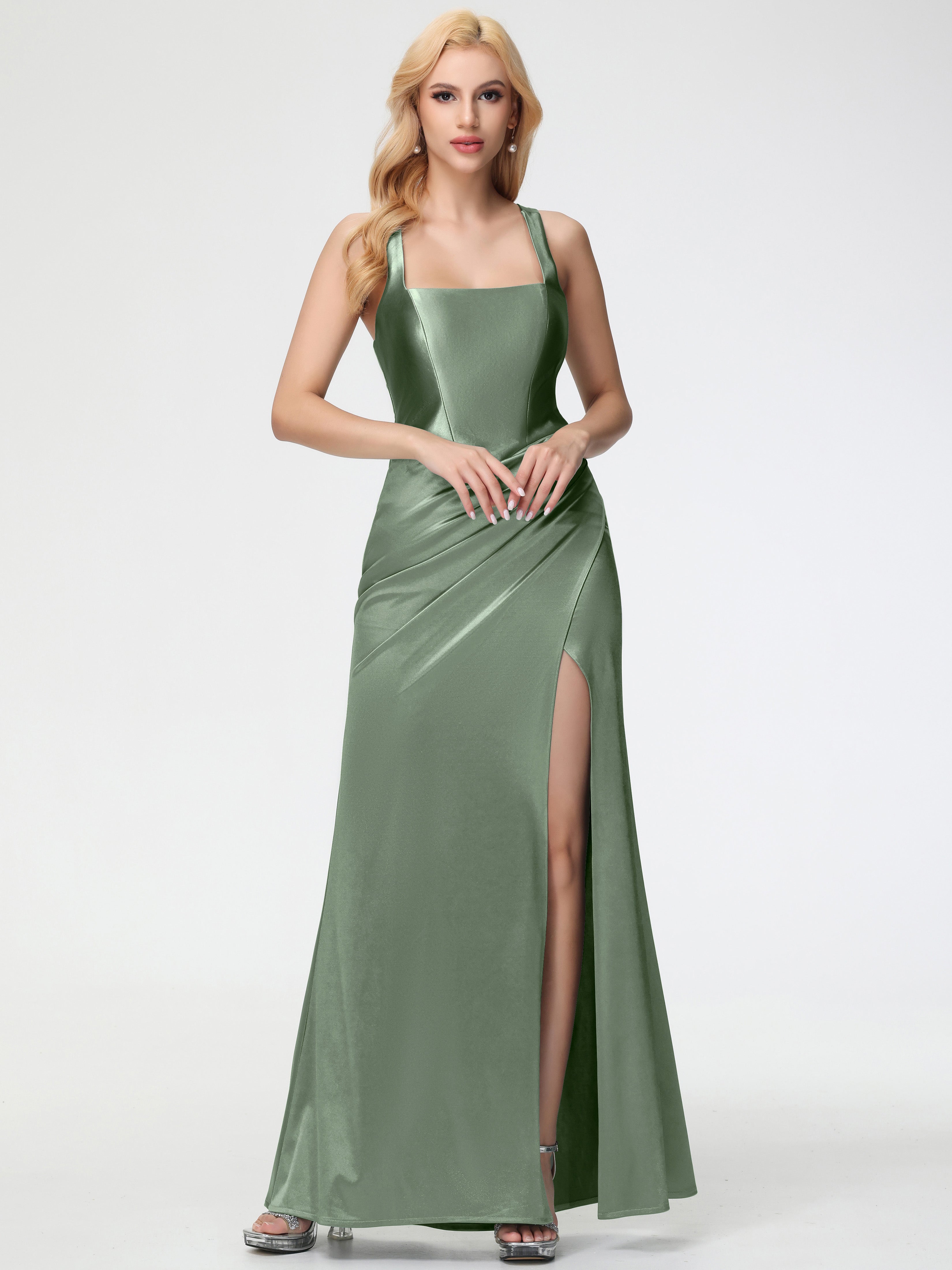 Dusty Sage Formal Dresses Straps Ruched Floor Length Sheath Formal Dress With Slit Dusty Sage Formal Dresses Straps Ruched Floor Length Sheath Formal Dress With Slit