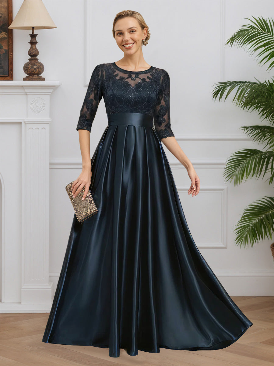 Cicinia Dark Navy Mother Of The Groom Dress Long Soft Satin Lace A-line Floor Length