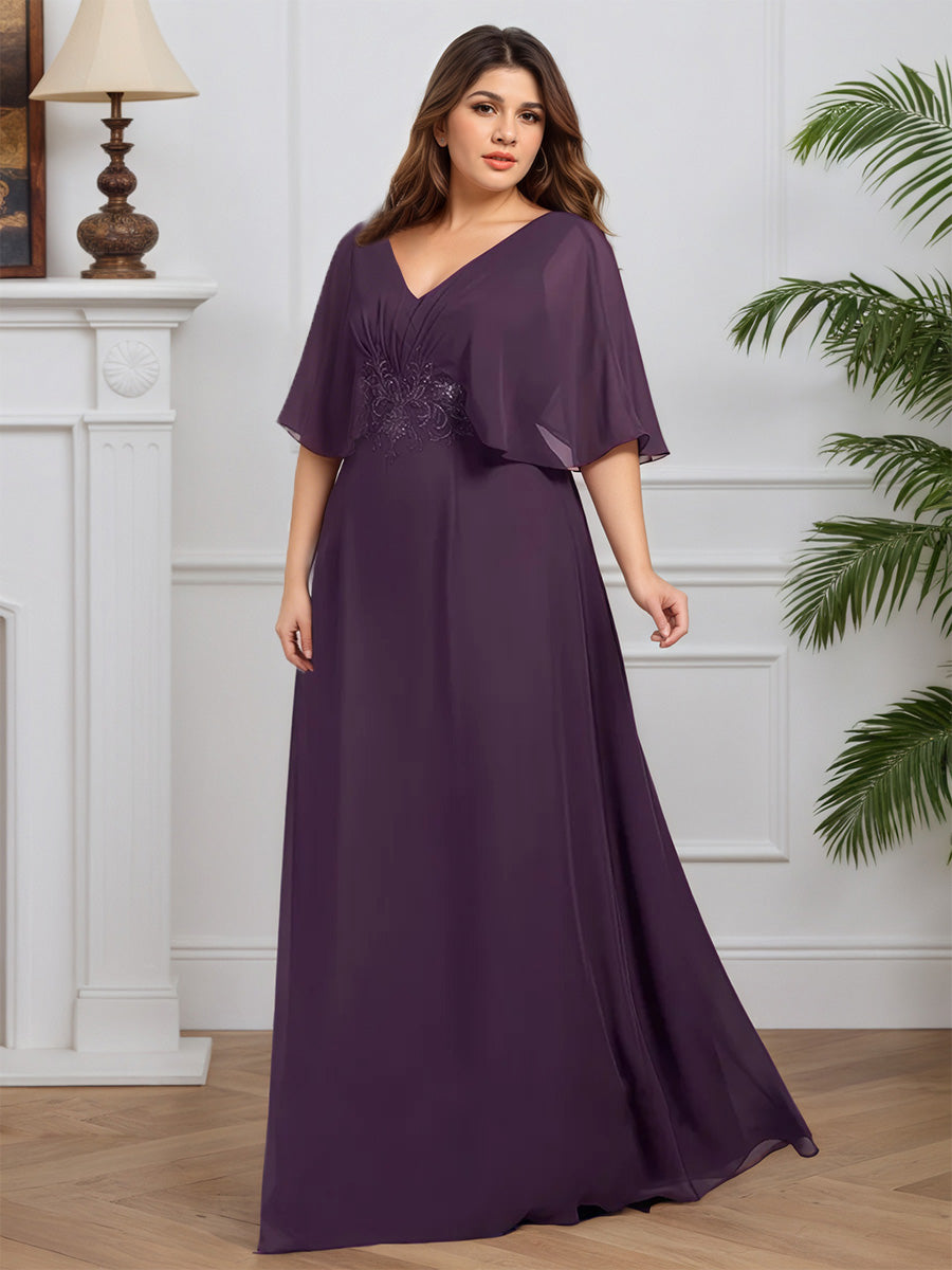 Cicinia Plum Mother Of The Bride Dress Long Chiffon Lace A-line V-neck Plus Size