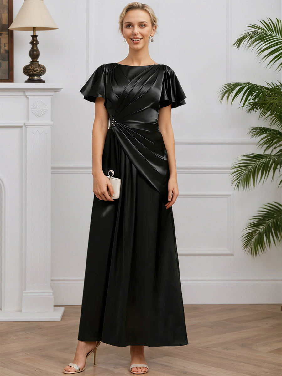 Cicinia Black Mother Of The Bride Dress Long Satin A-line Short Sleeves Beaded