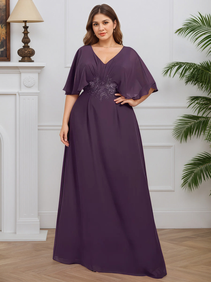 Cicinia Plum Prom Dresses Long Chiffon Lace A-line V-neck Plus Size