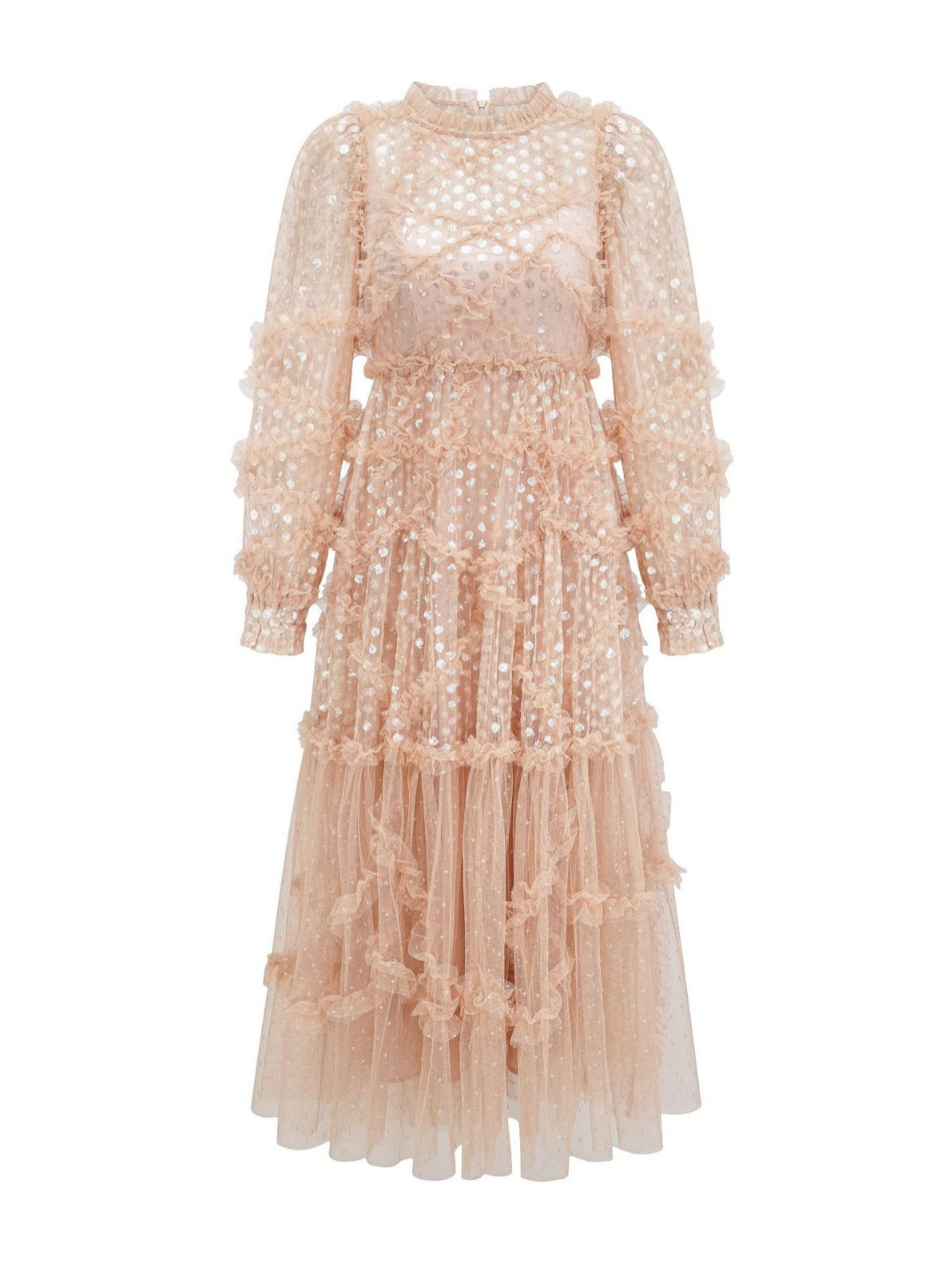 Elegant Mesh Embroidery Sequins Long Sleeve Prom Dress, Peach / M Elegant Mesh Embroidery Sequins Long Sleeve Prom Dress, Peach / M