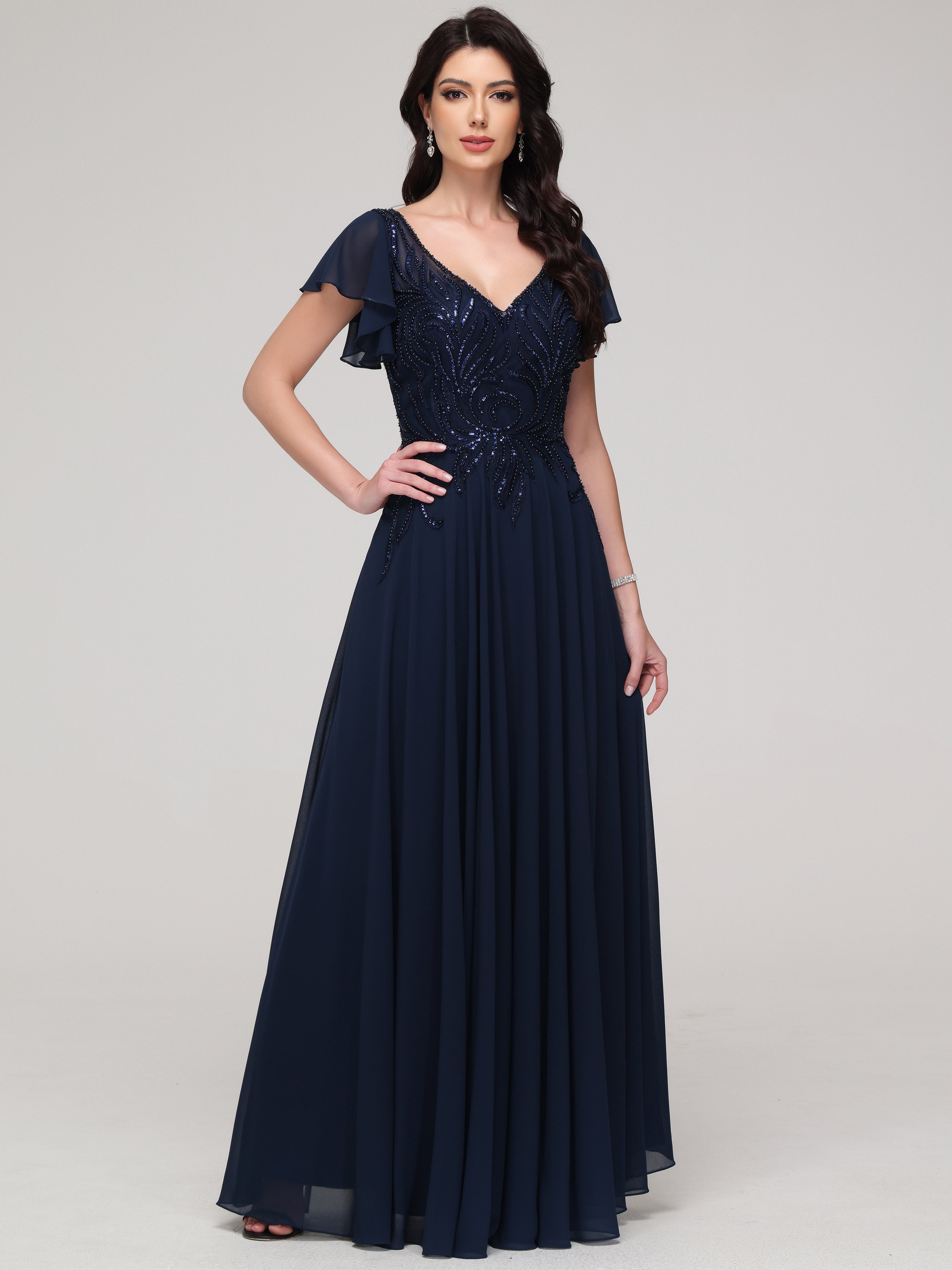 Elegant Short Sleeves V-Neck Beaded Long Chiffon Prom Dress Elegant Short Sleeves V-Neck Beaded Long Chiffon Prom Dress