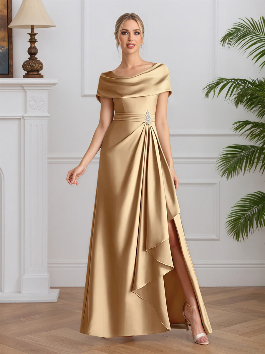 Cicinia Champagne Mother Of The Bride Dress Long Soft Satin A-line Slit Floor Length