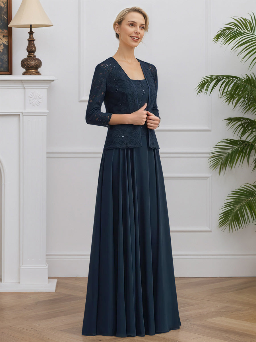 Cicinia Dark Navy Mother Of The Bride Dress With Jacket Long Chiffon Lace A-line Floor Length