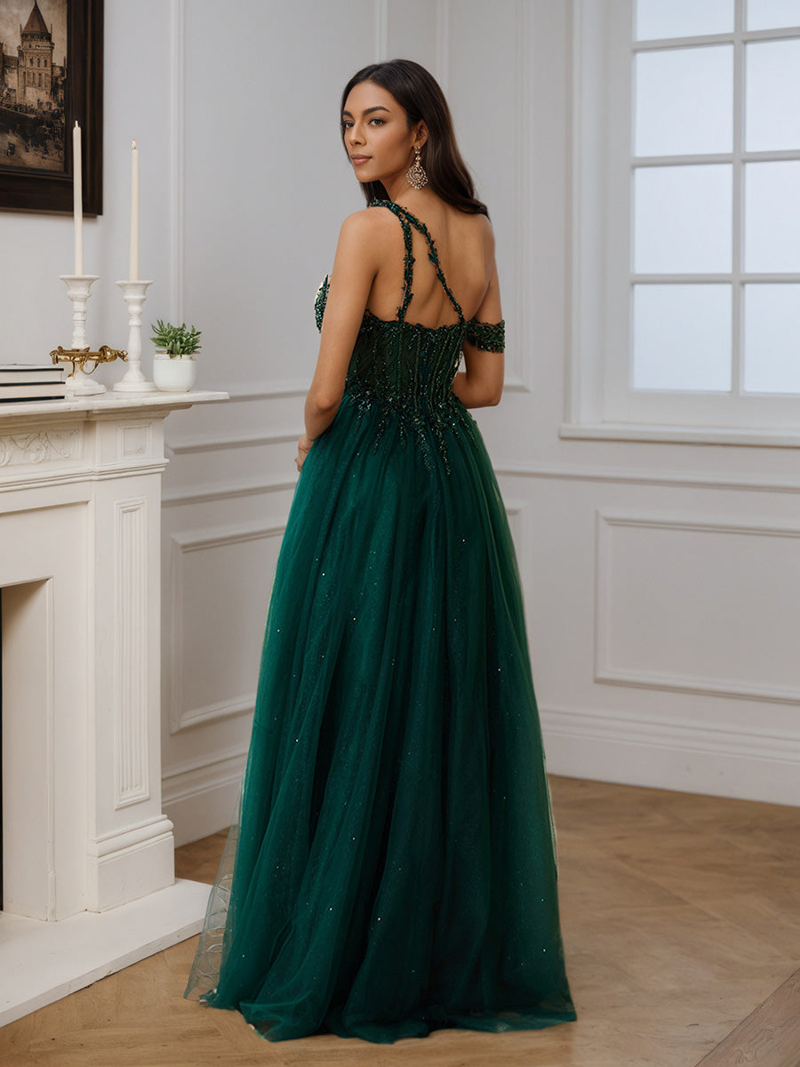 Formal One Shoulder A-line Beading Tulle Long Prom Dress
