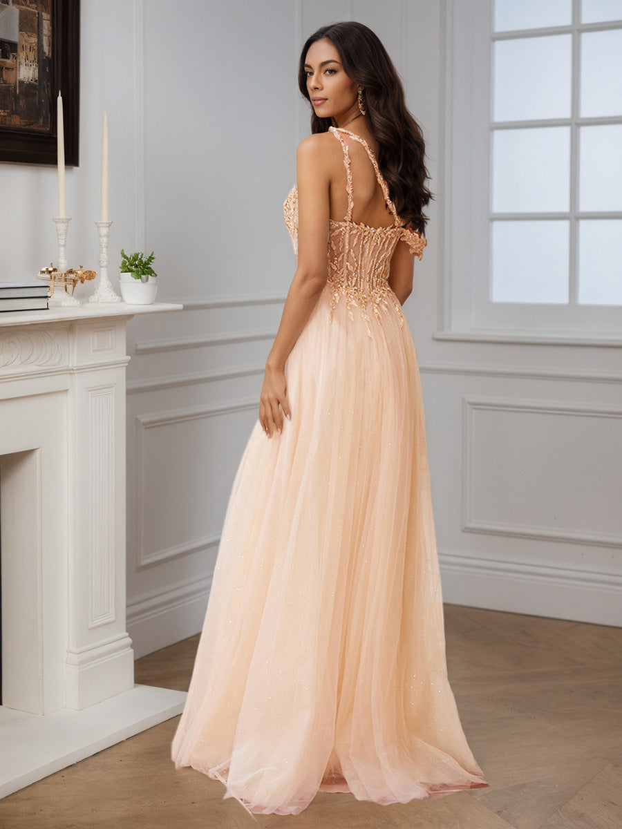 Formal Peach One Shoulder A-line Beading Tulle Long Prom Dress