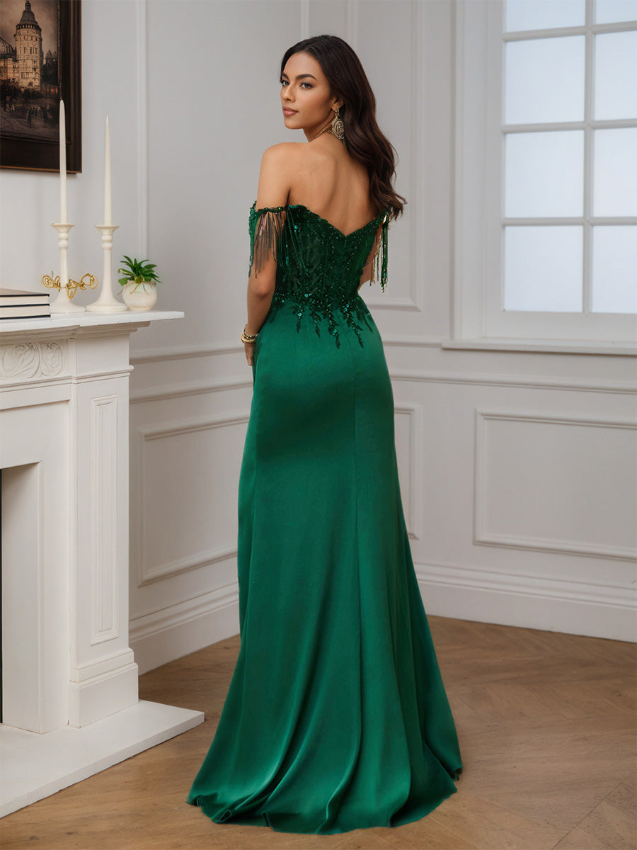 Beautiful Off The Shoulder Green Long Beading Sheath Prom Dress