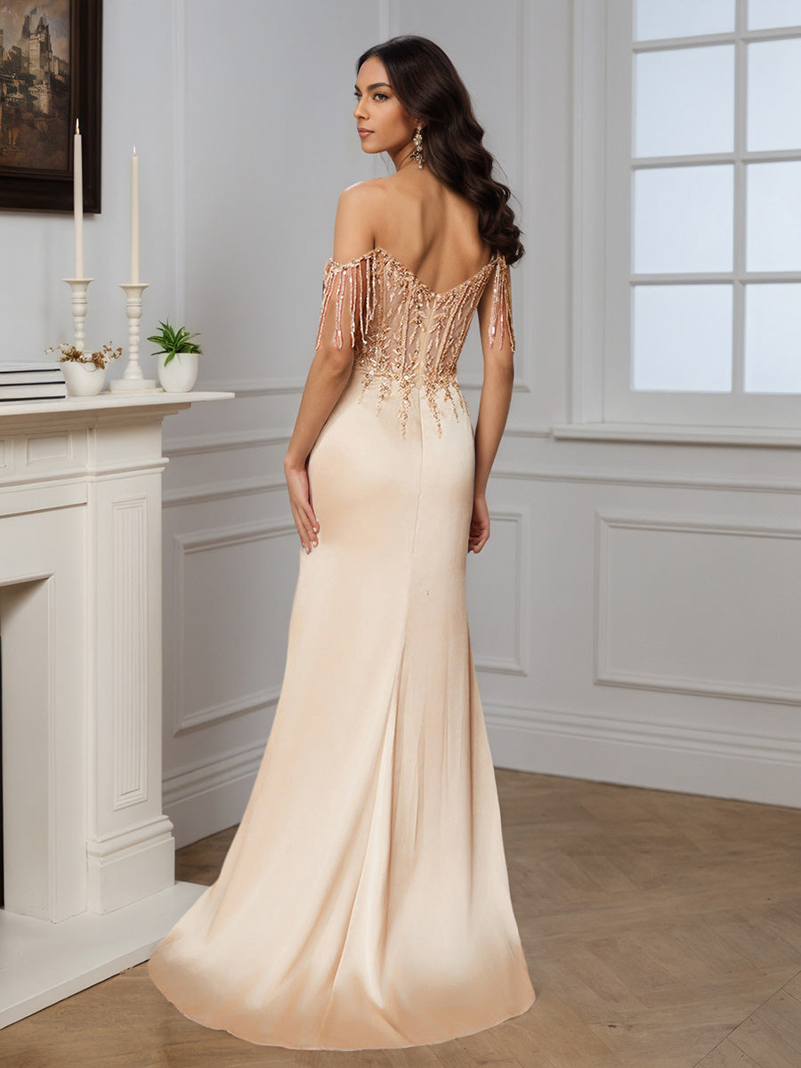 Beautiful Off The Shoulder Champagne Long Beading Sheath Prom Dress