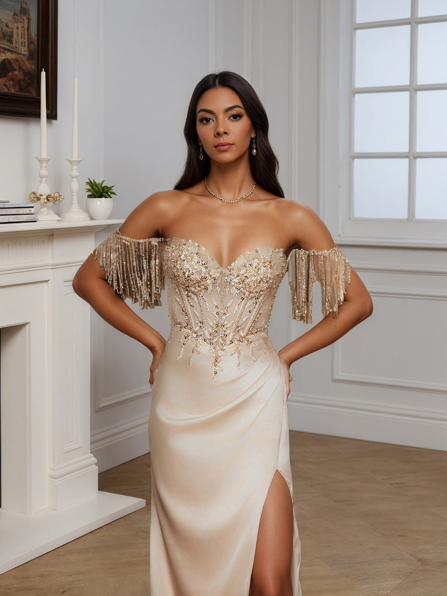 Beautiful Off The Shoulder Champagne Long Beading Sheath Prom Dress